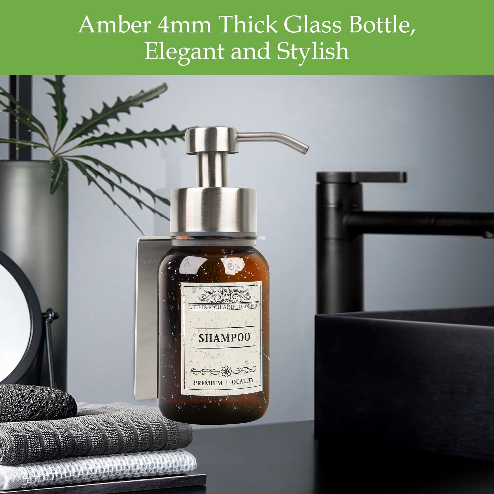 Nobtou Glass Soap Dispenser With Pump And Drill-Free Wall Mount Holder,8.5 Oz Shampoo And Conditioner Dispenser,Dish Soap Dispen