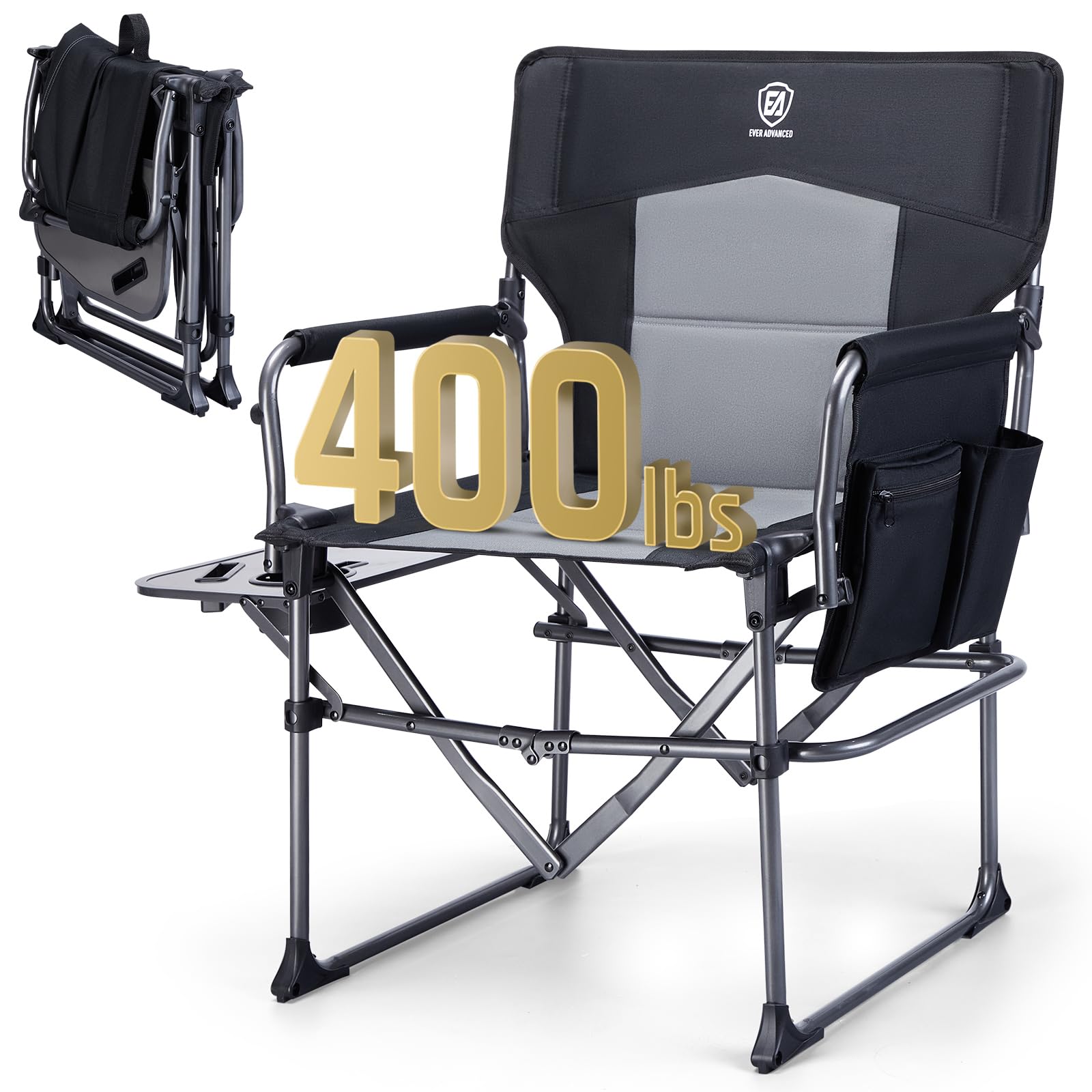 EVER ADVANCED Camping Directors Chair with Side Table, Portable Folding with Compact Size, Heavy Duty Lawn Chair with Pocket fo