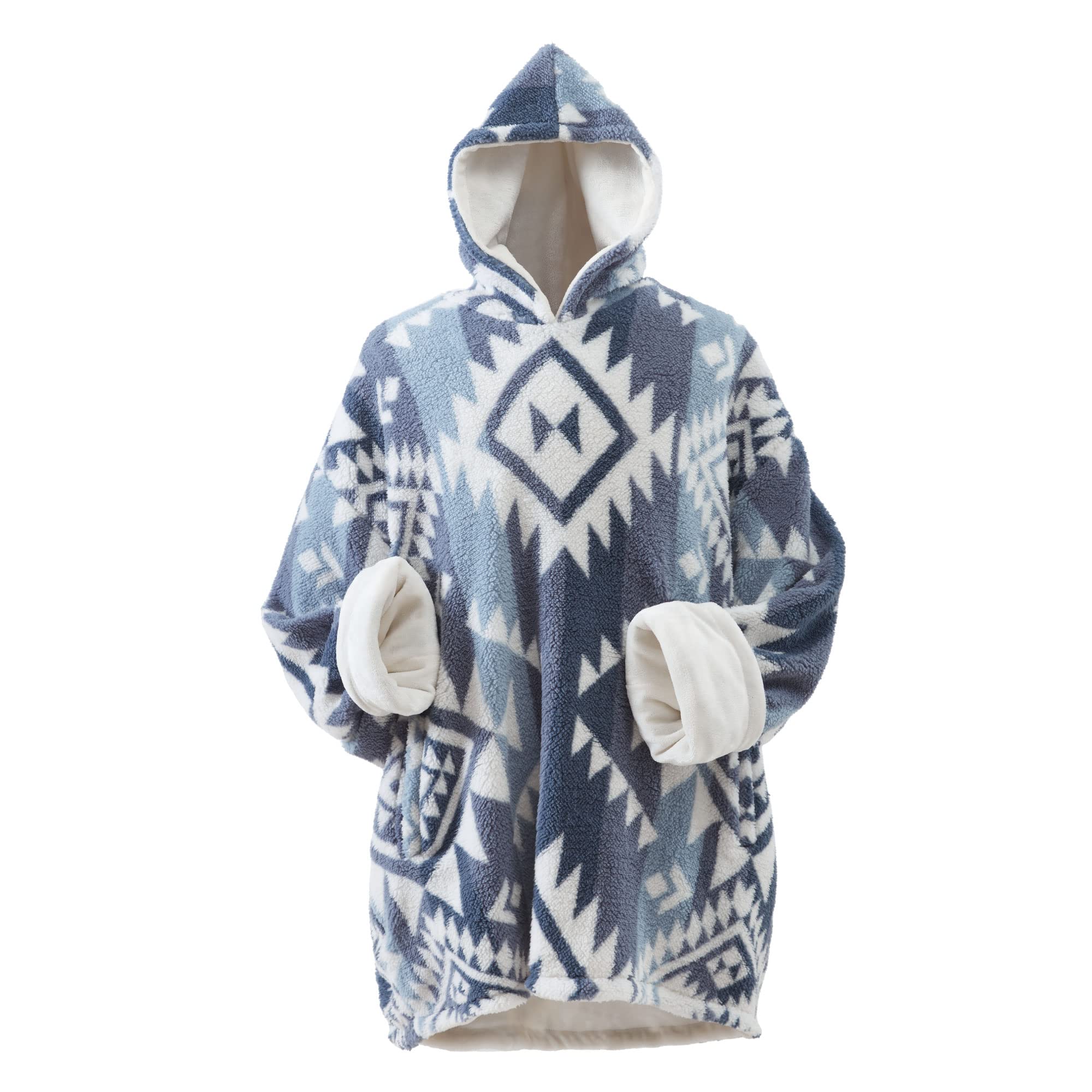 Cathay Home Coleman Oversized Wearable Sherpa And Micro-Mink Blanket Hoodie, Blue - One Size Fits Most