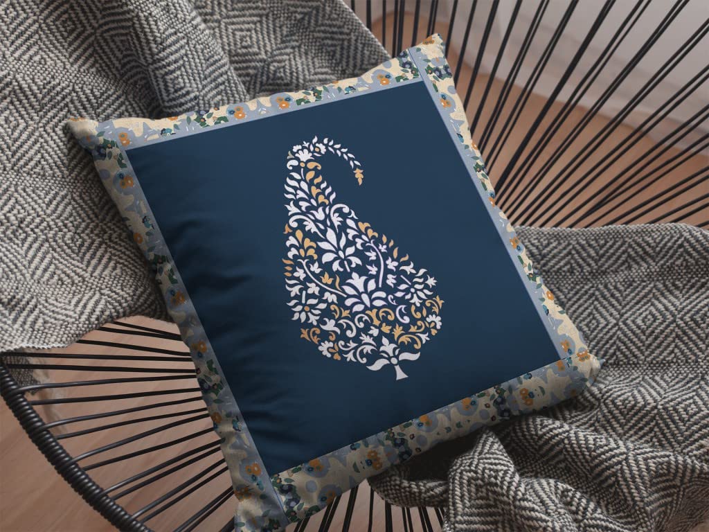 HomeRoots White and Orange On Navy 20â€ Orange Navy Paisley Suede Decorative Throw Pillow
