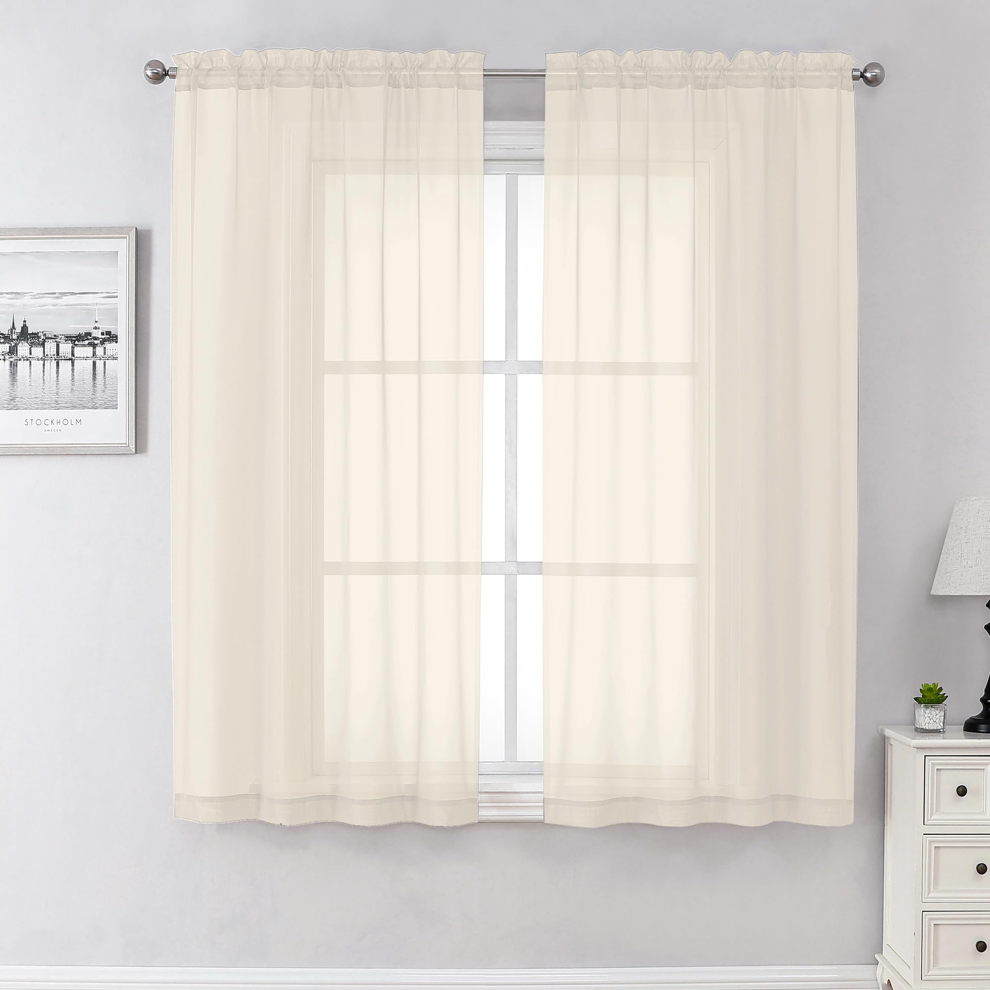 Aiyufeng Cream Sheer Curtains 63 Inch Length 2 Panels Set for Living Room, Light Filtering Green Window Sheers Drapes for Bedroo