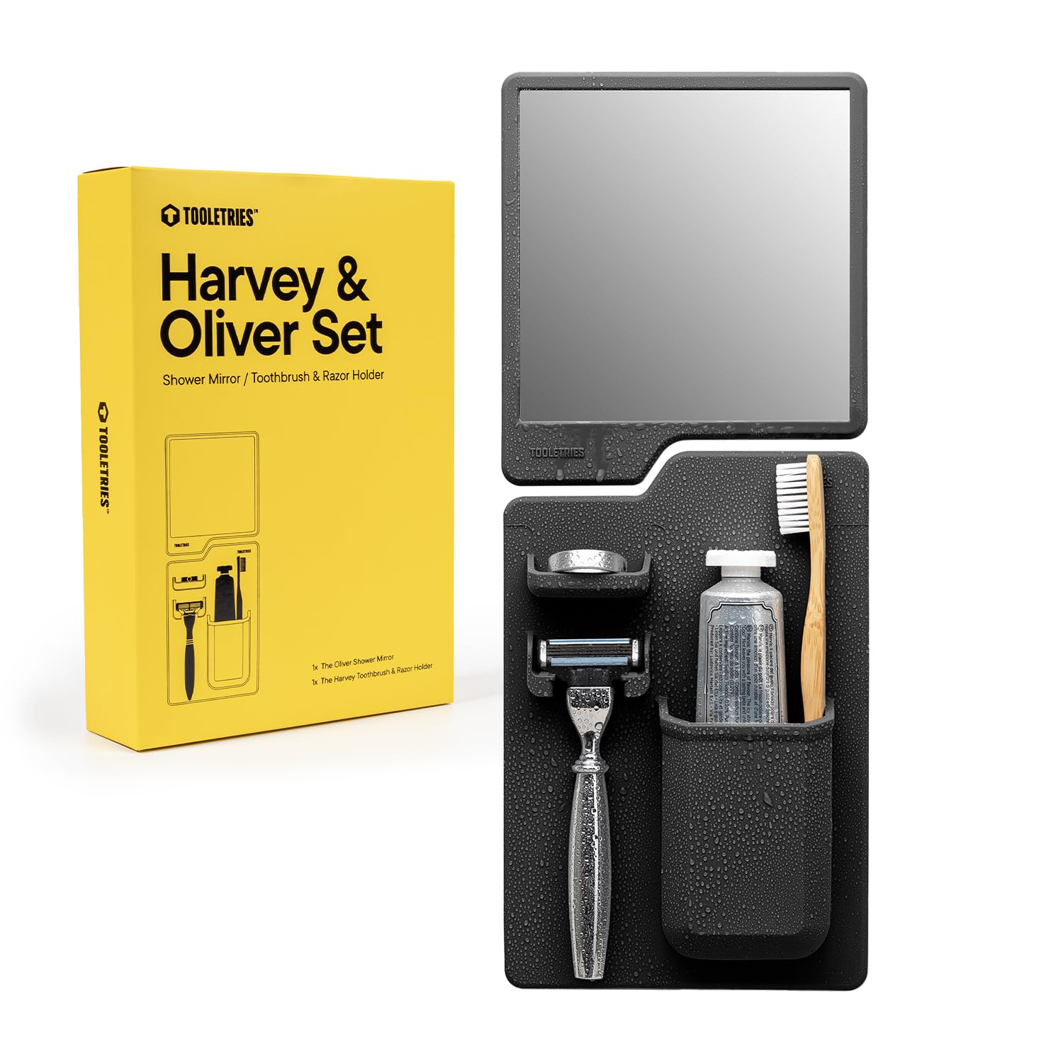 Tooletries - The Harvey & Oliver Set - Silicone Shower Toothbrush Holder and Razor Holder with Anti Fog Mirror - Silicone Shower