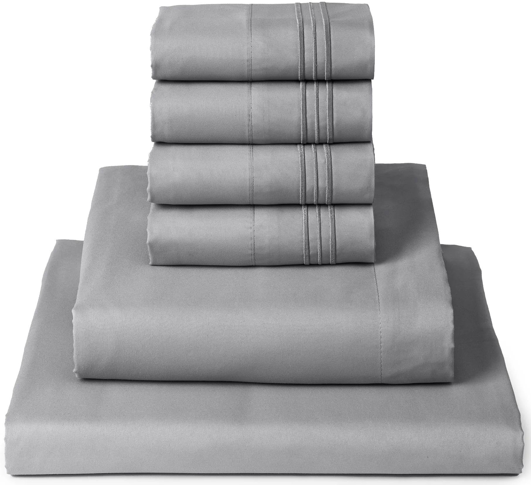Mellanni Full Sheet Set - 6-Piece Iconic Collection Bedding, (Including 4 Pillowcases), 16-Inch Deep Pocket, Easy Care, Extra Soft, Cooling Sheets, Brushed Microfiber - Light Gray