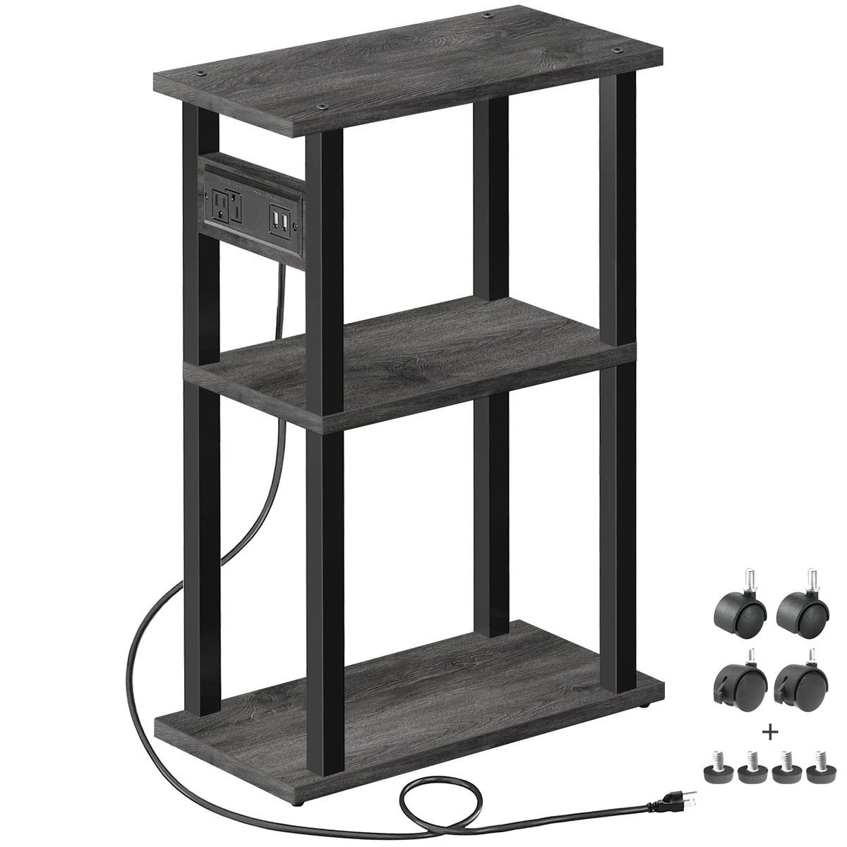 Tutotak Small Narrow Side Table With Charging Station, Skinny End Table For Small Spaces, Slim Nightstand With Usb Ports And Outlet, Sofa Beside Table With Wheels, Charcoal Grey Tb01By046