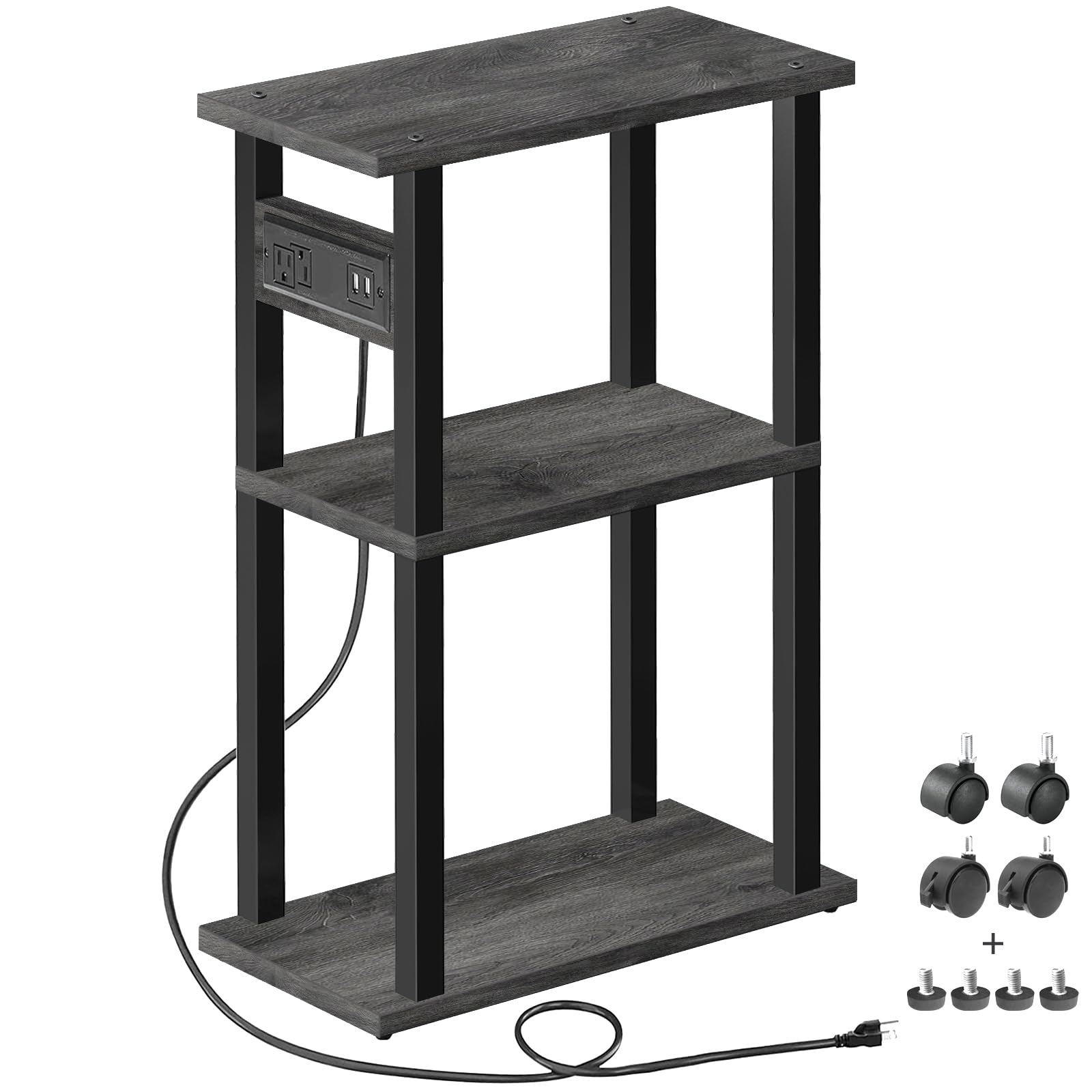 Tutotak Small Narrow Side Table With Charging Station, Skinny End Table For Small Spaces, Slim Nightstand With Usb Ports And Outlet, Sofa Beside Table With Wheels, Charcoal Grey Tb01By046