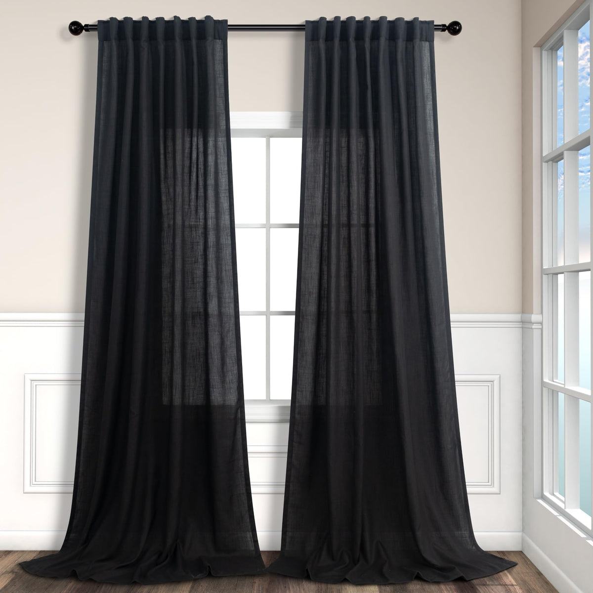 Modern Black Linen Curtains 96 Inches Long for Bedroom 2 Panels Set Back Tab Pocket Boho Drape Semi Sheer Lace Cotton Trendy Ele