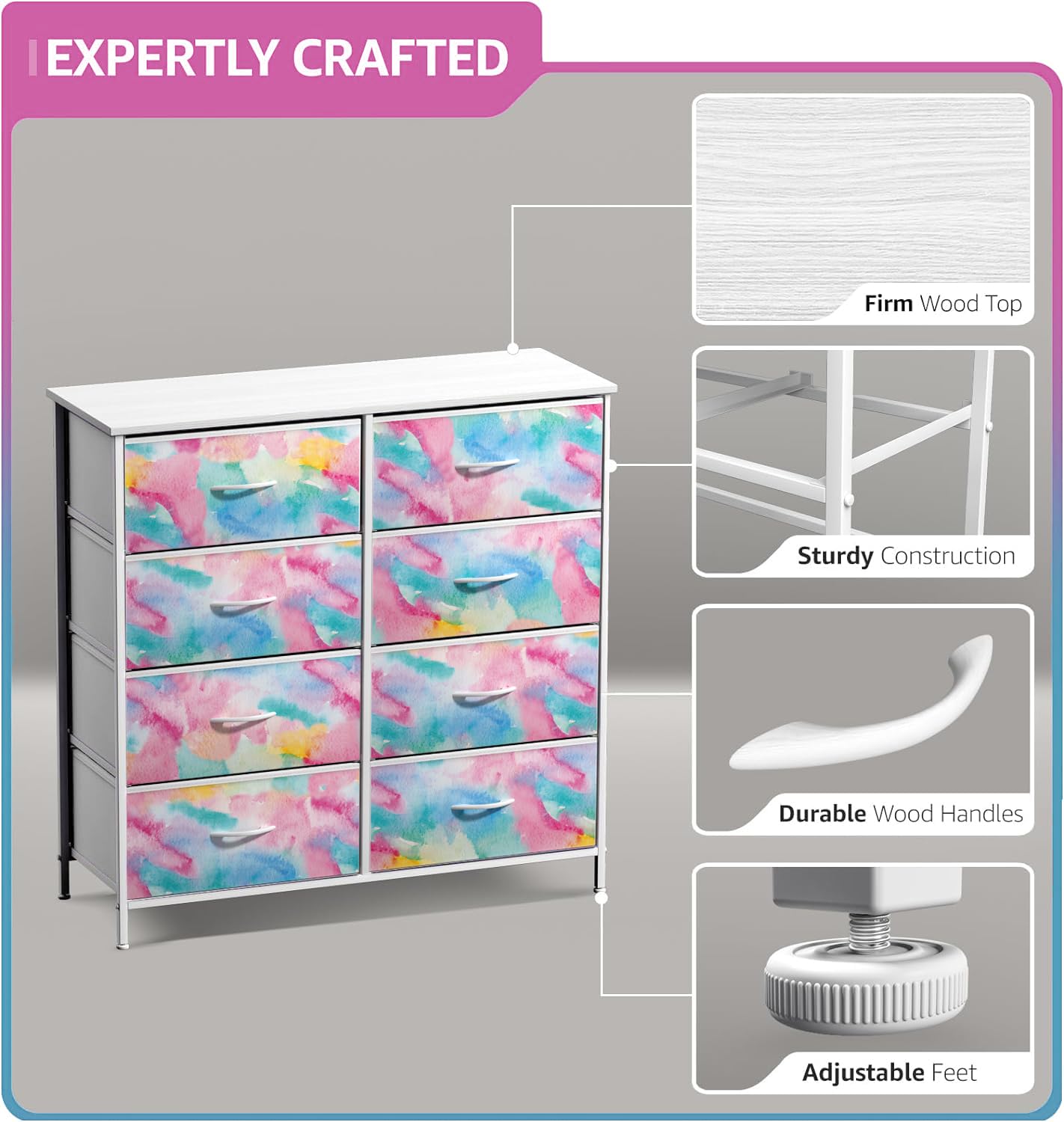 Sorbus Kids Dresser With 8 Drawers - Storage Chest Organizer Unit Nightstand - Steel Frame, Wood Top, Tie-Dye Fabric Bins For Clothes - Wide Furniture For Bedroom, Hallway, Nursery, Closet, Apartment