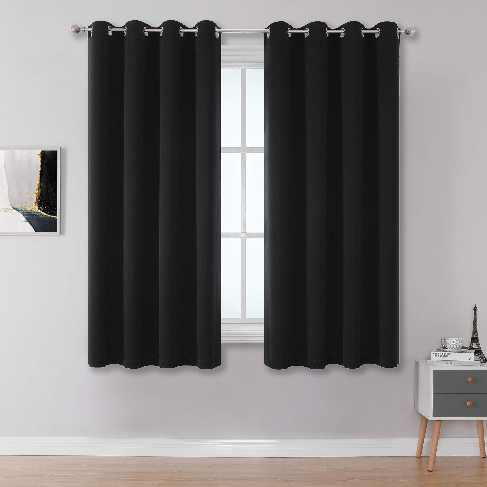 Dualife Black Curtains 45 Inch Length - Black Out Thermal Insulated Grommet Drapes For Office Small Windows 52X45 Inches Long Se