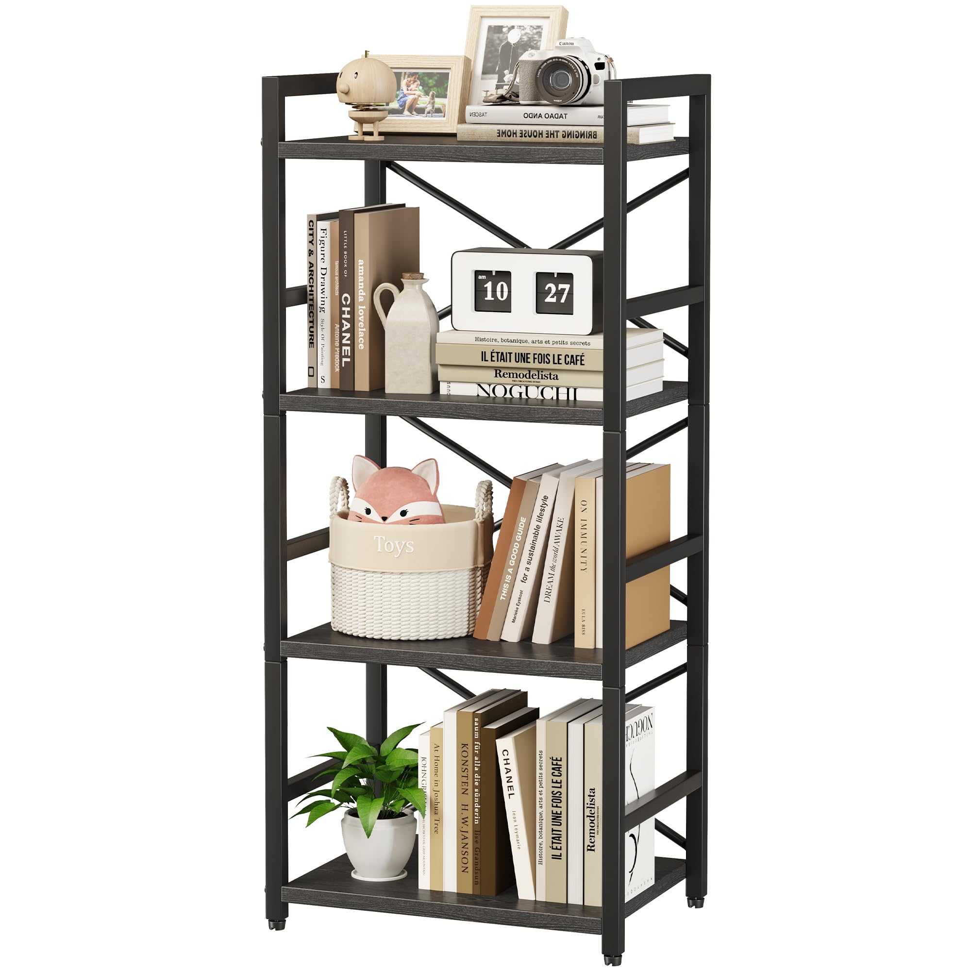 Homeiju Black Bookshelf, 4 Tier Small Bookcase, Black Metal Small Bookcase, Book Shelf Organization And Storage For Living Room,
