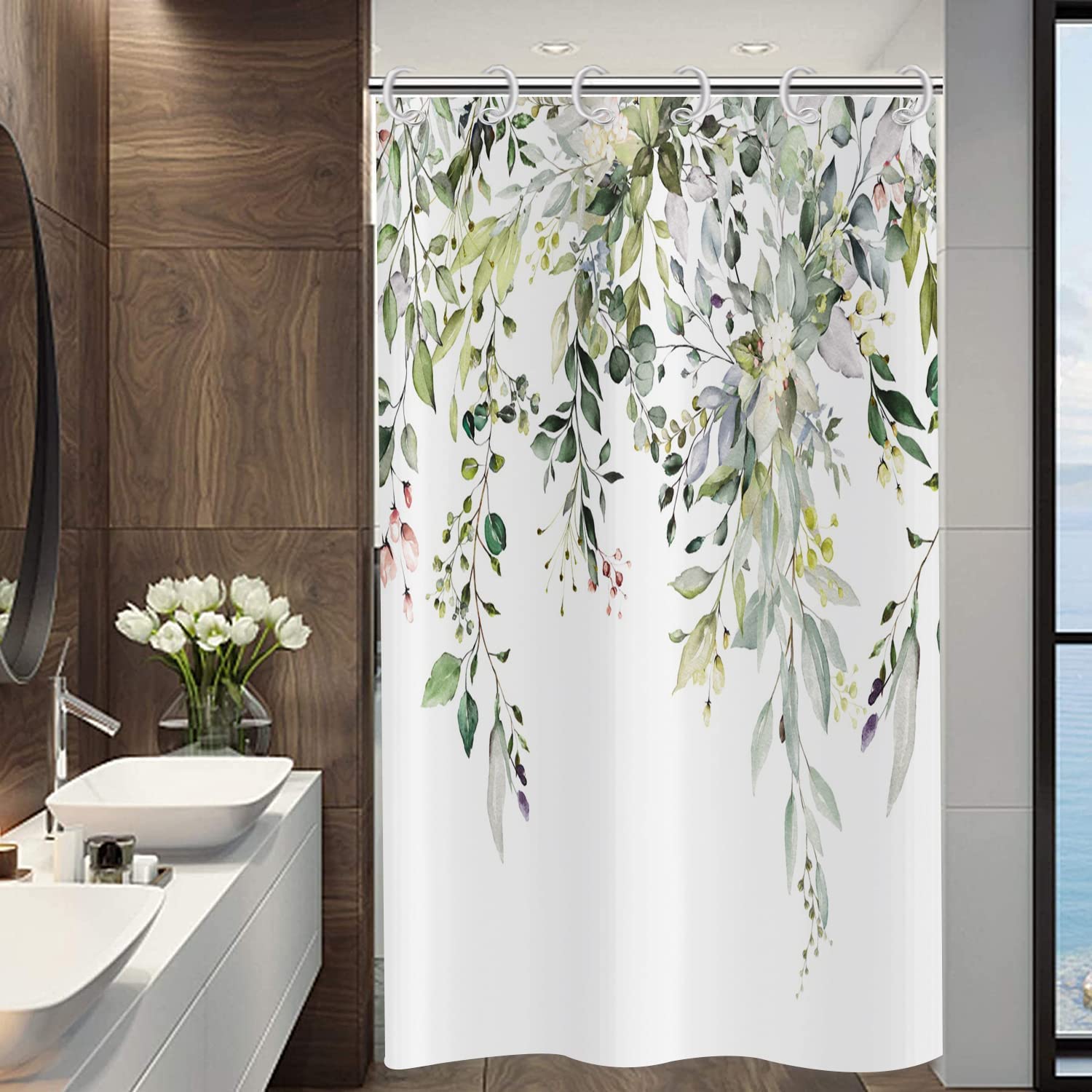 Gcirec Eucalyptus Shower Curtain, Watercolor Green Leaves On The Top Plant With Floral Bathroom Curtain Bathtub Home Decor Water