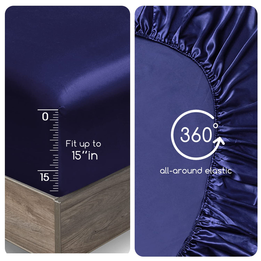 Mr&Hm Satin Bed Sheets, Full Size Sheets Set, 4 Pcs Silky Bedding Set With 15 Inches Deep Pocket For Mattress (Full, Navy Blue)