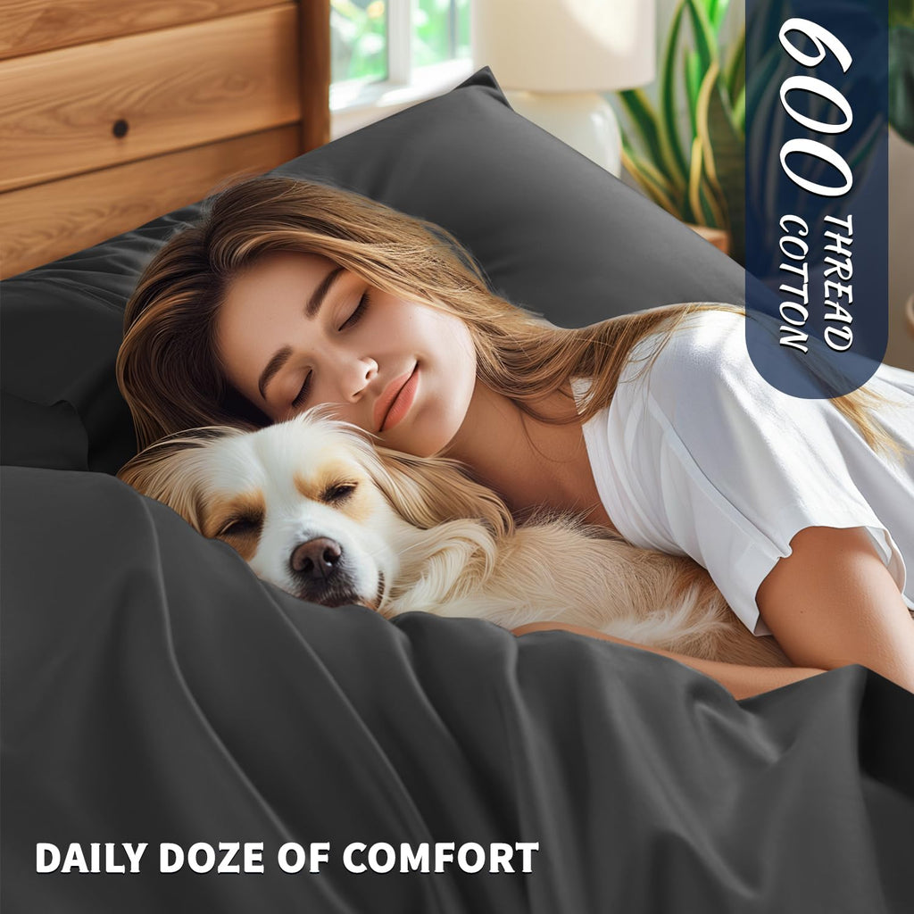 Shilucheng 100% Cotton Sheets Set - 600 Thread Count,Luxury Egyptian Cotton Bed Sheets,5-Star Hotel Quality Sheets, Breathable & Cooling, 16 Inch Deep Pocket - 4 Piece (Black, California King)