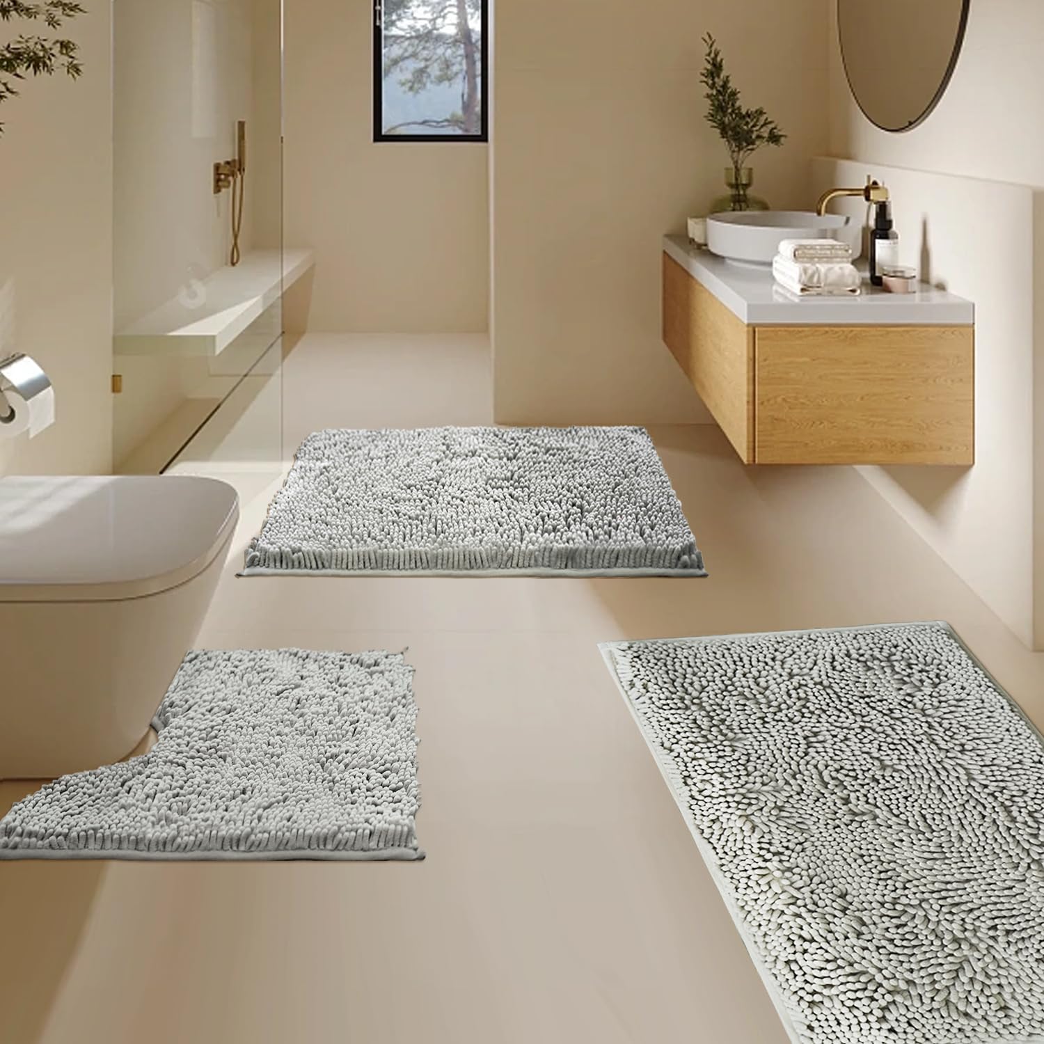 BOANKODU Bathroom Rugs Sets 3 Piece, Super Soft Absorbent Bath mat Set,with U-Shaped Toilet Rug,Strong PVC Underside Bathroom Ru
