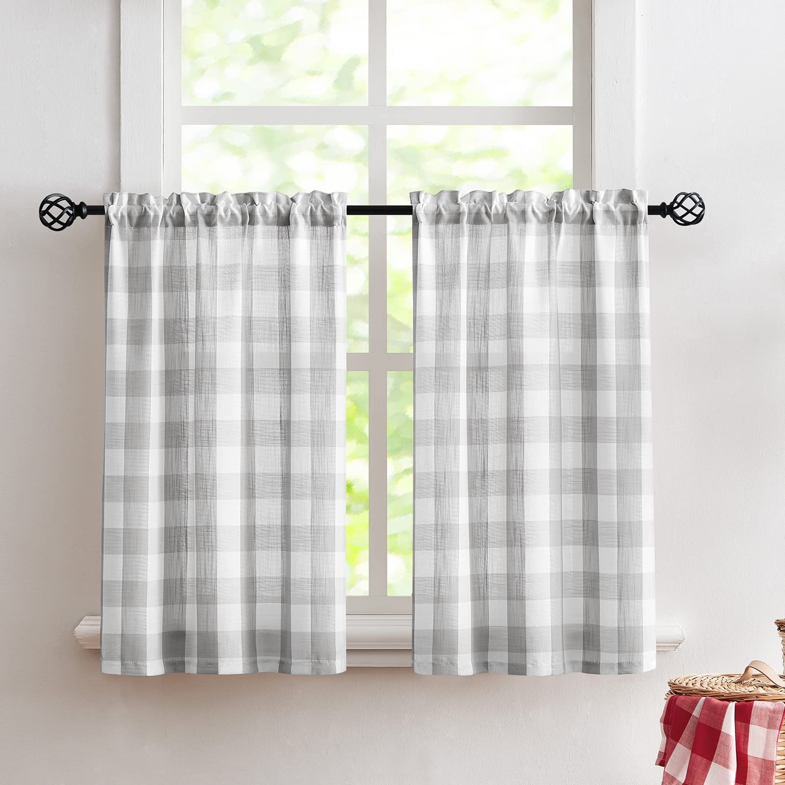 Treatmentex Grey-White Check Kitchen Tier Curtains 24 Inch Length Short Curtains Semi Sheer Caf   Curtains For Basement Laundry
