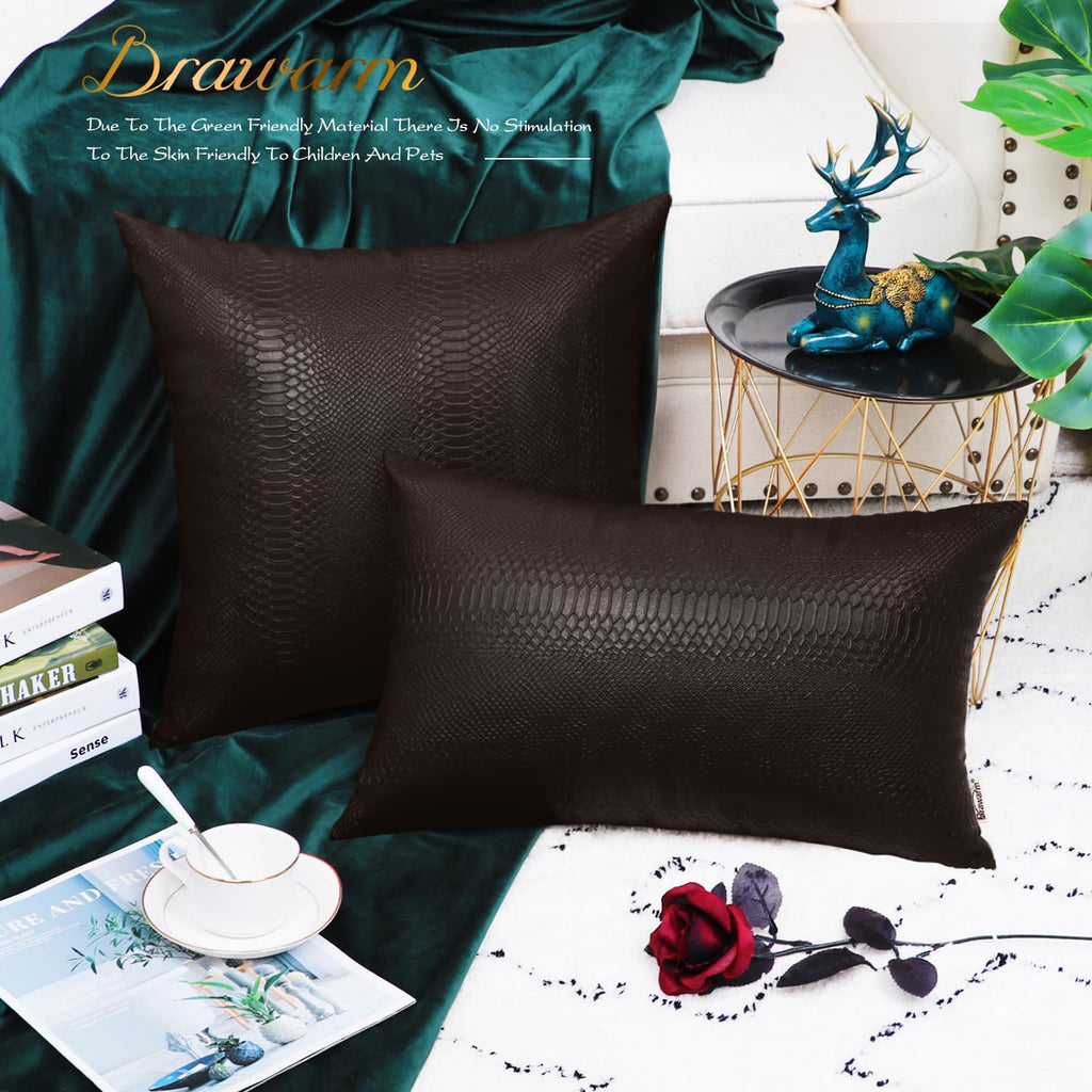 Brawarm Brown Leather Throw Pillows 16 X 16 Inches, Snake Leather Pillow Covers Pack Of 2, Faux Leather Decorative Pillow Covers