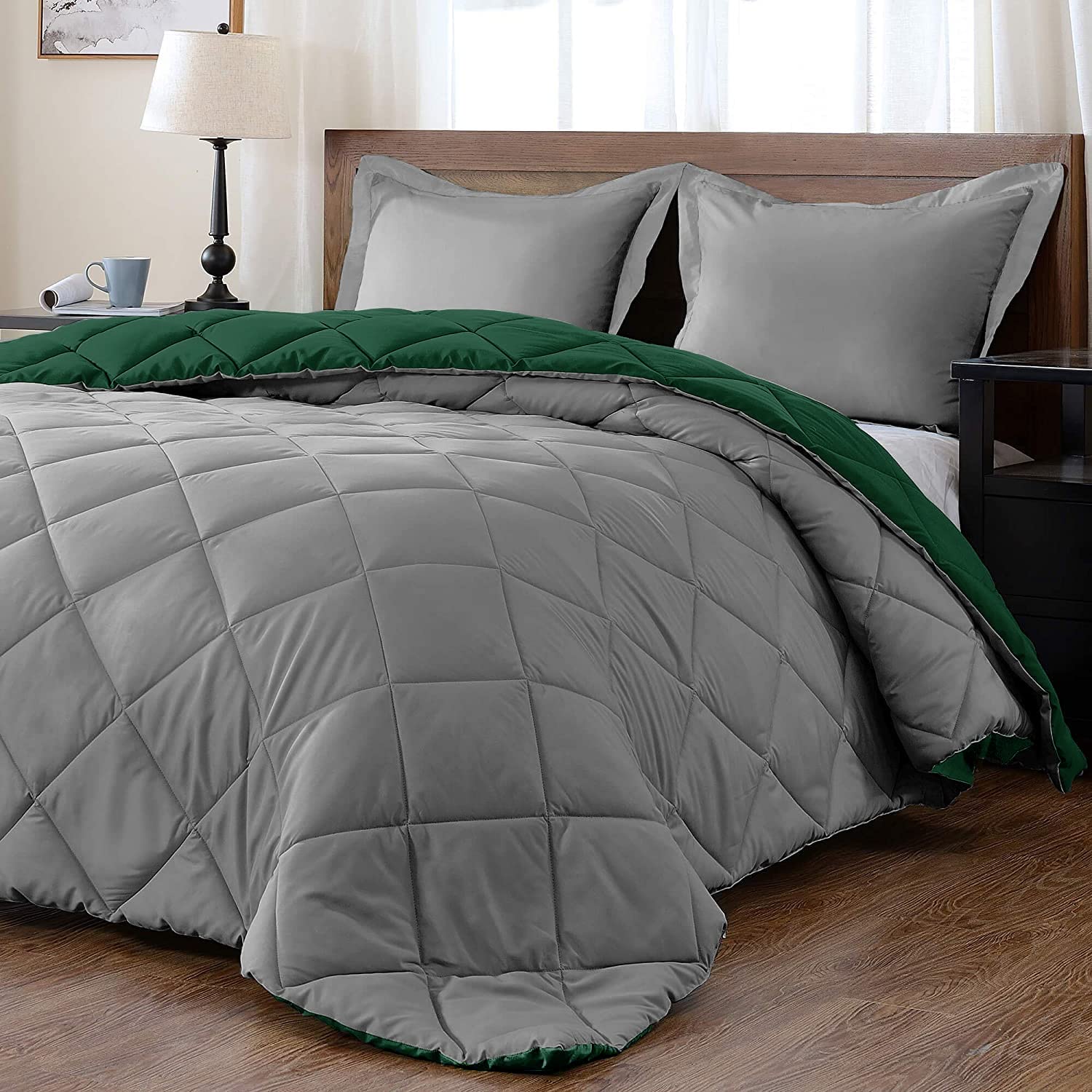 Downluxe King Size Comforter Set - Dark Green And Grey King Comforter, Soft Bedding Sets For All Seasons -3 Pieces - 1 Comforter