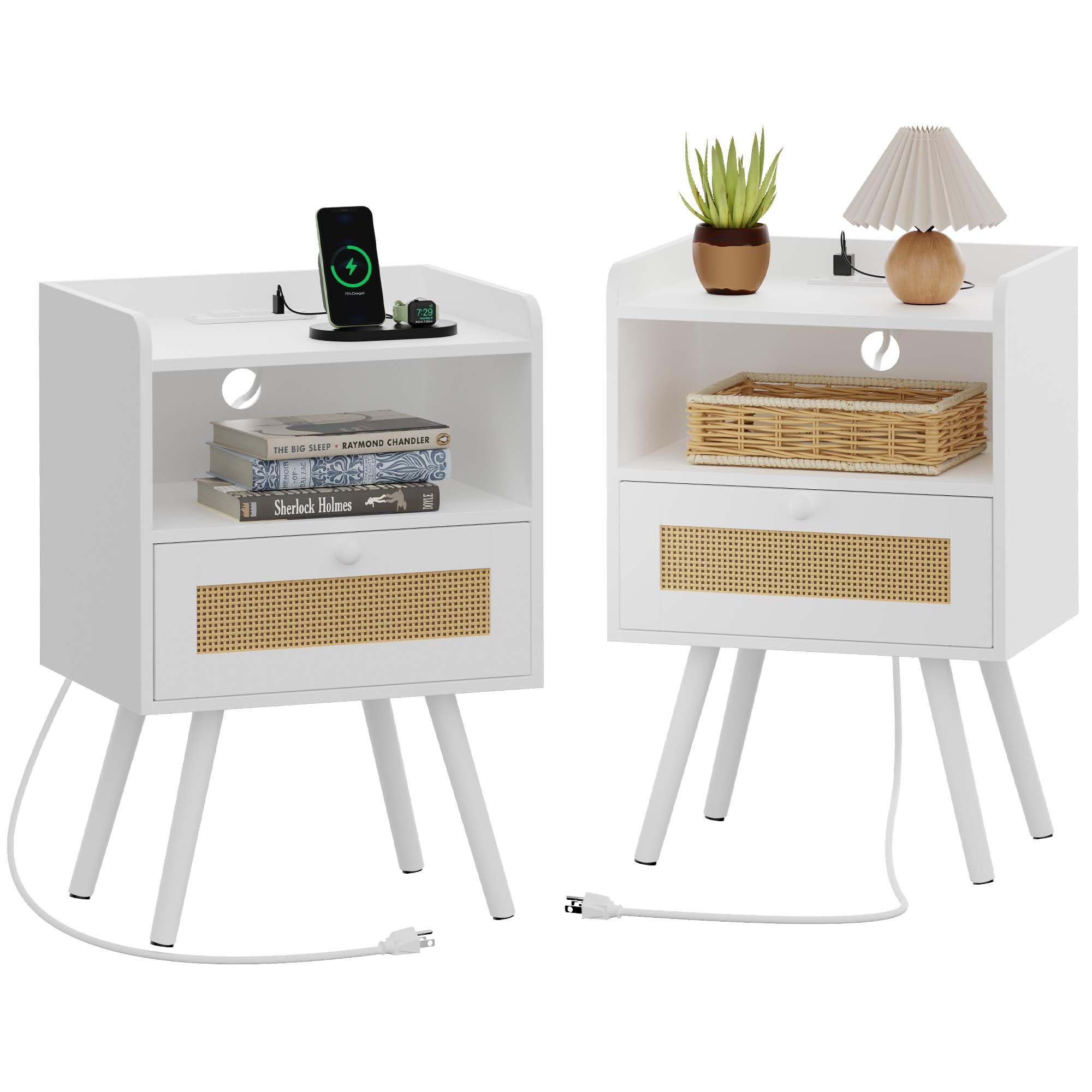 Superjare Nightstands With Charging Station, Bedside Table Set Of 2 With Pe Rattan Drawers, Rattan Side Table With Storage & Solid Wood Feet, End Table For Bedroom, White