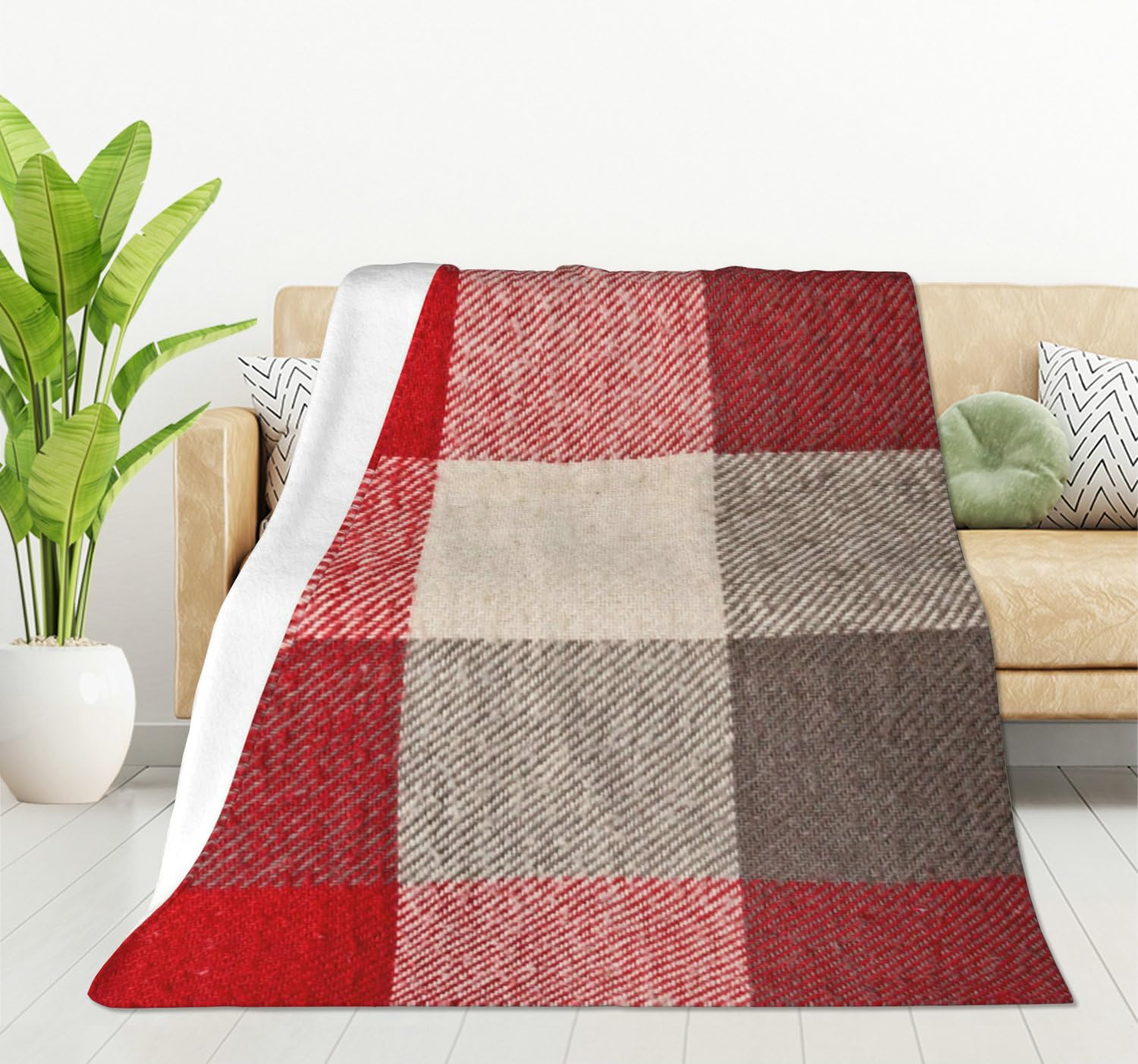 HGOD DESIGNS Plaid Red Grey Tartan Material As Fuzzy Stripes Blanket s for Women and Men, Soft Warm Throw Blanket and Fleece Fla