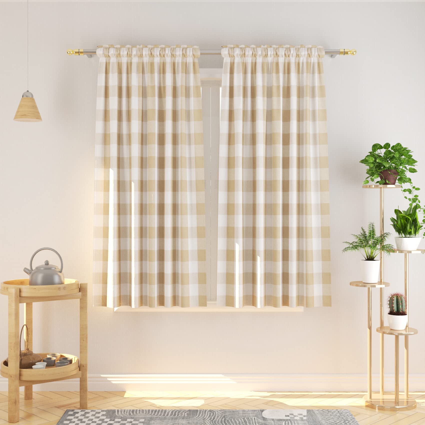 Natus Weaver Cotton Curtains Beige And White Buffalo Gingham Check Curtain Panels 63 Inches Long Living Room Drapes Plaid Checke