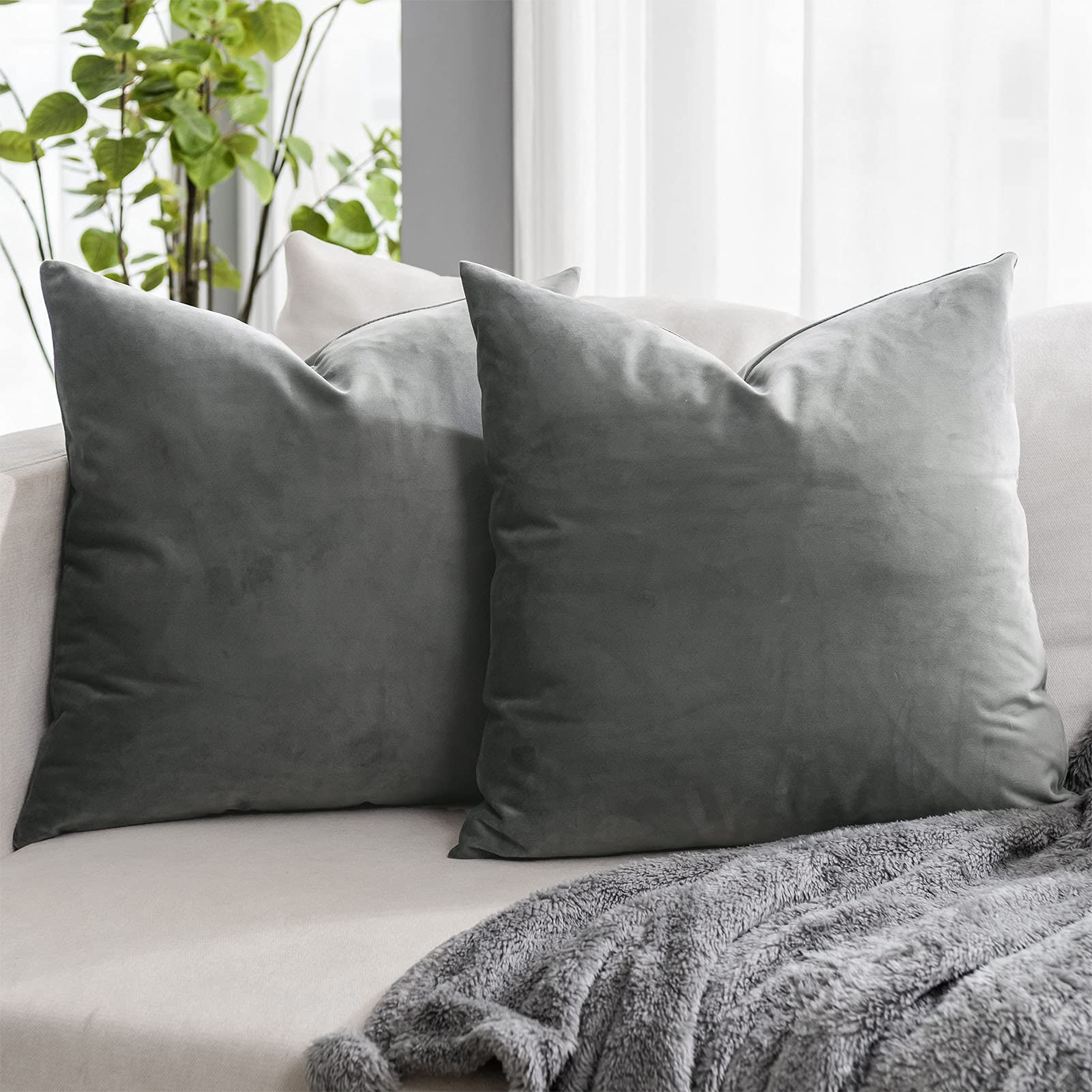 Quafoo Grey Couch Velvet Throw Pillow Covers 24X24 Inch Set Of 2 With Zipper Decorative Luxury Soft Solid Rectangle Cushion Cove