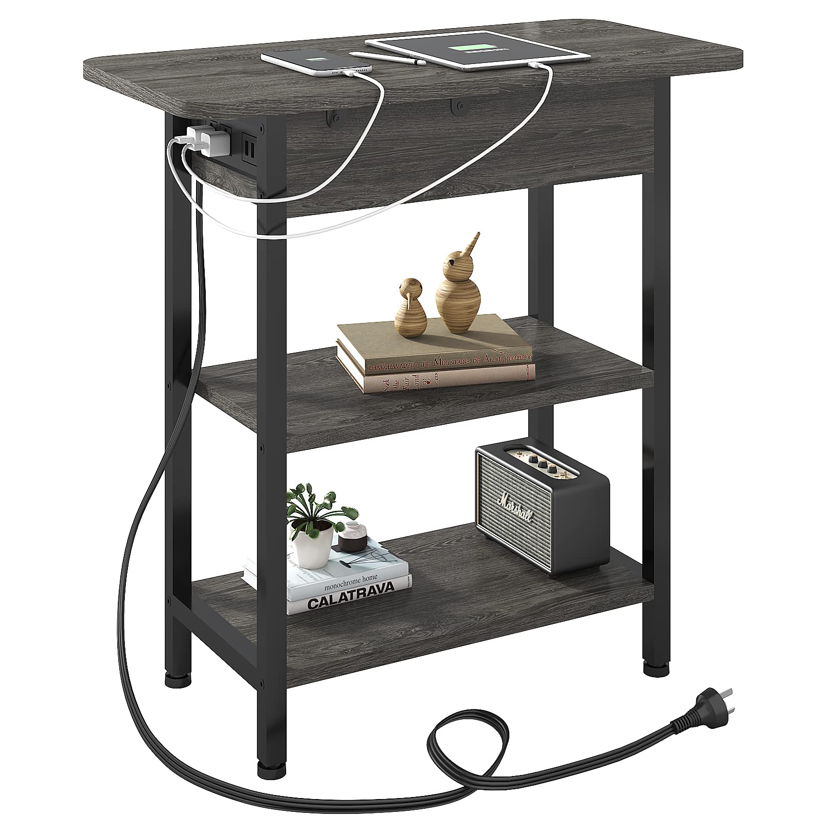 LIDYUK End Table with Charging Station, Flip Top Side Table with USB Ports and Outlets, Nightstand for Small Spaces, Bedside Tab