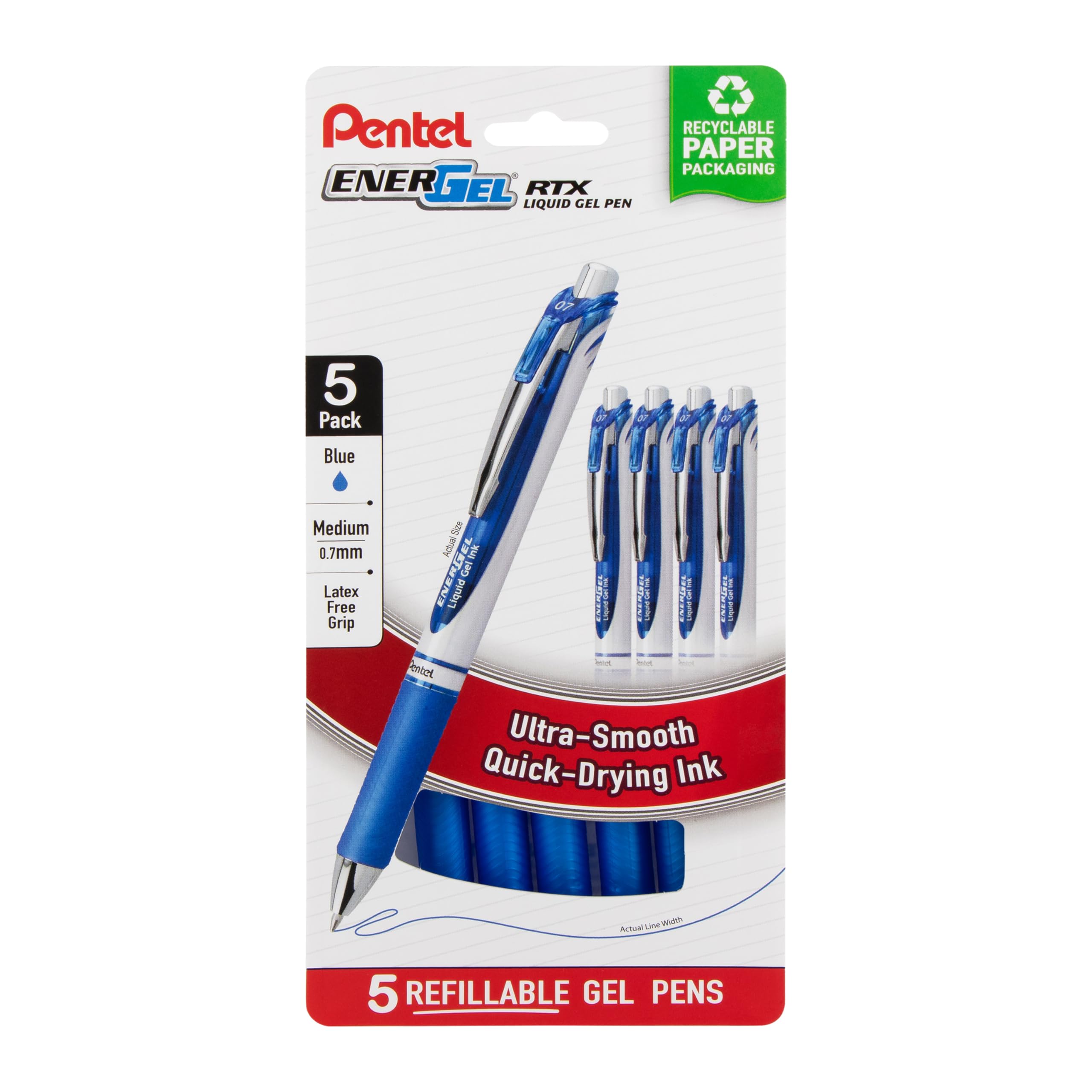 Pentel Energel Rtx Retractable Liquid Gel Pen, (0.7Mm) Metal Tip, Medium Line, Blue Ink, Plastic-Free Packaging, 5 Pack