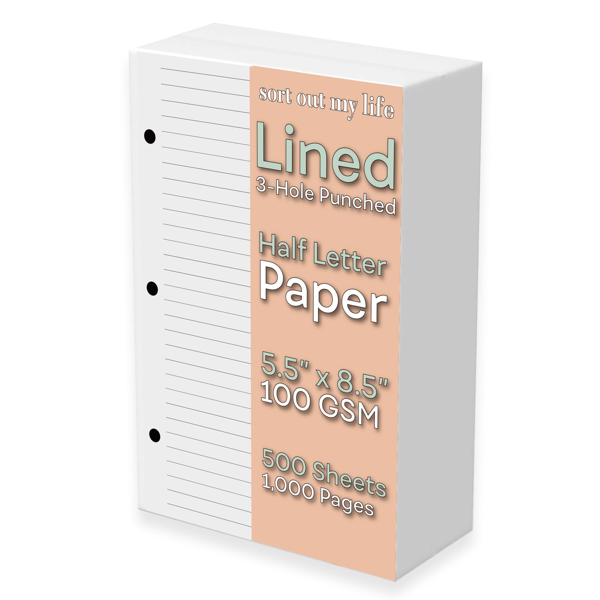 Half Letter Lined Paper, 3-Hole Punched, 250 Sheets/500 Pages, 100 Gsm, Line Paper Binder Refill, 5.5 In. X 8.5 In., Fits In Hal