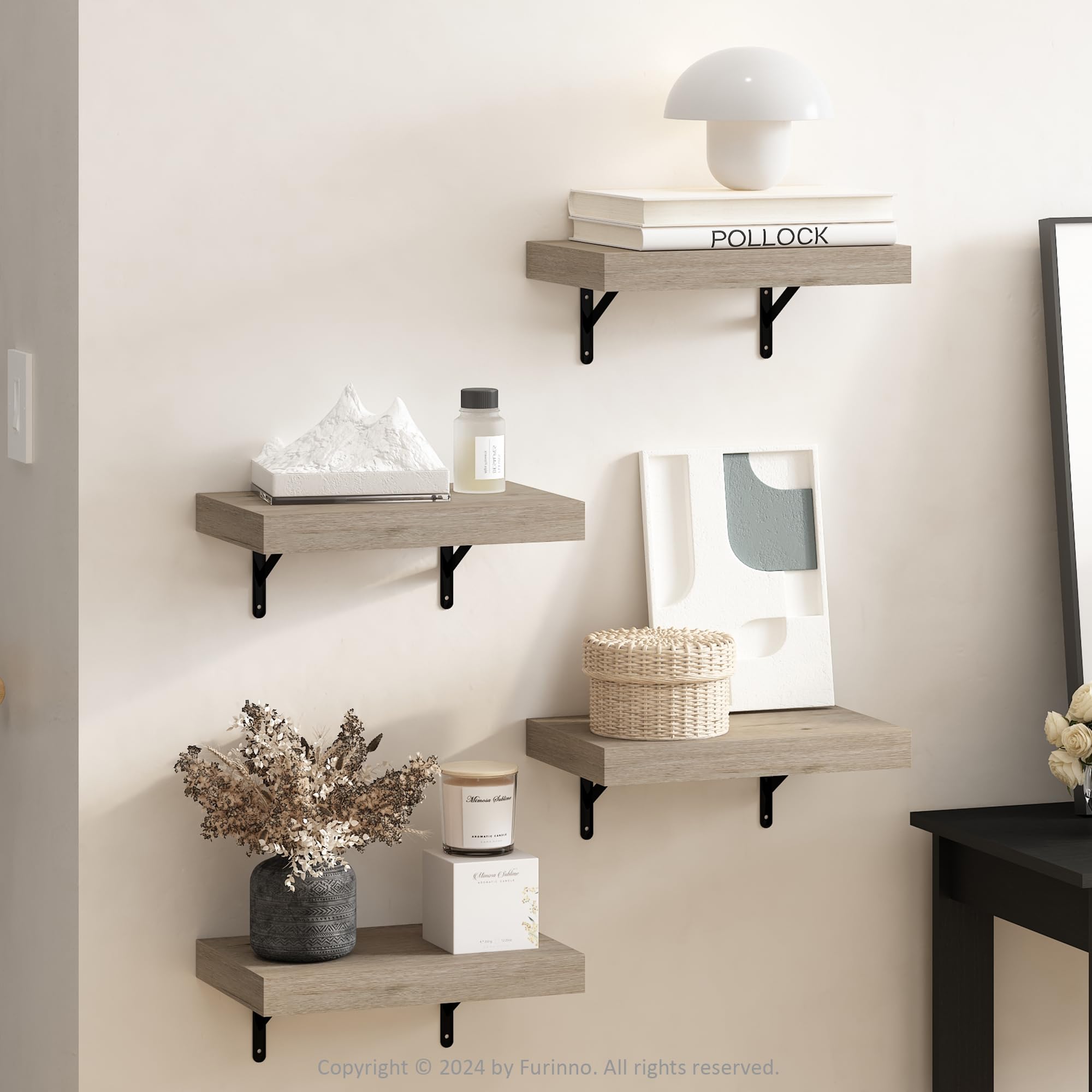 Furinno Tanna 15-Inch Wall Mounted Floating Display Shelves, Natural, Set of 4
