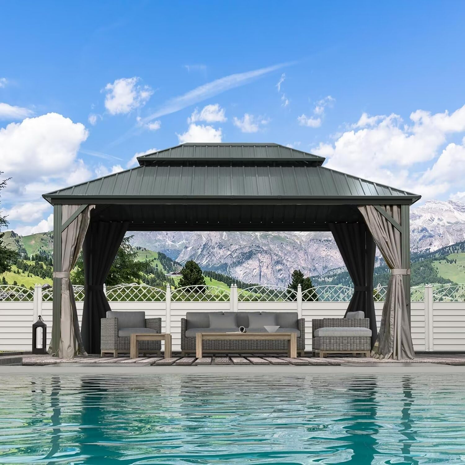 Domi 12 X 16 Hardtop Gazebo Canopy With Netting & Curtains, Outdoor Aluminum Gazebo With Galvanized Steel Double Roof For Patio