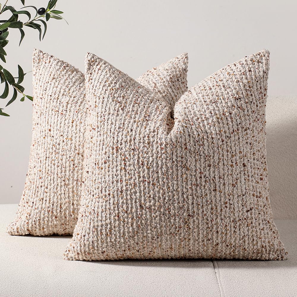 Dezene Striped Throw Pillow Covers 22X22 Set Of 2 Beige Textured Boucle Chic Morden Boho Accent Farmhouse Square Decorative Couc