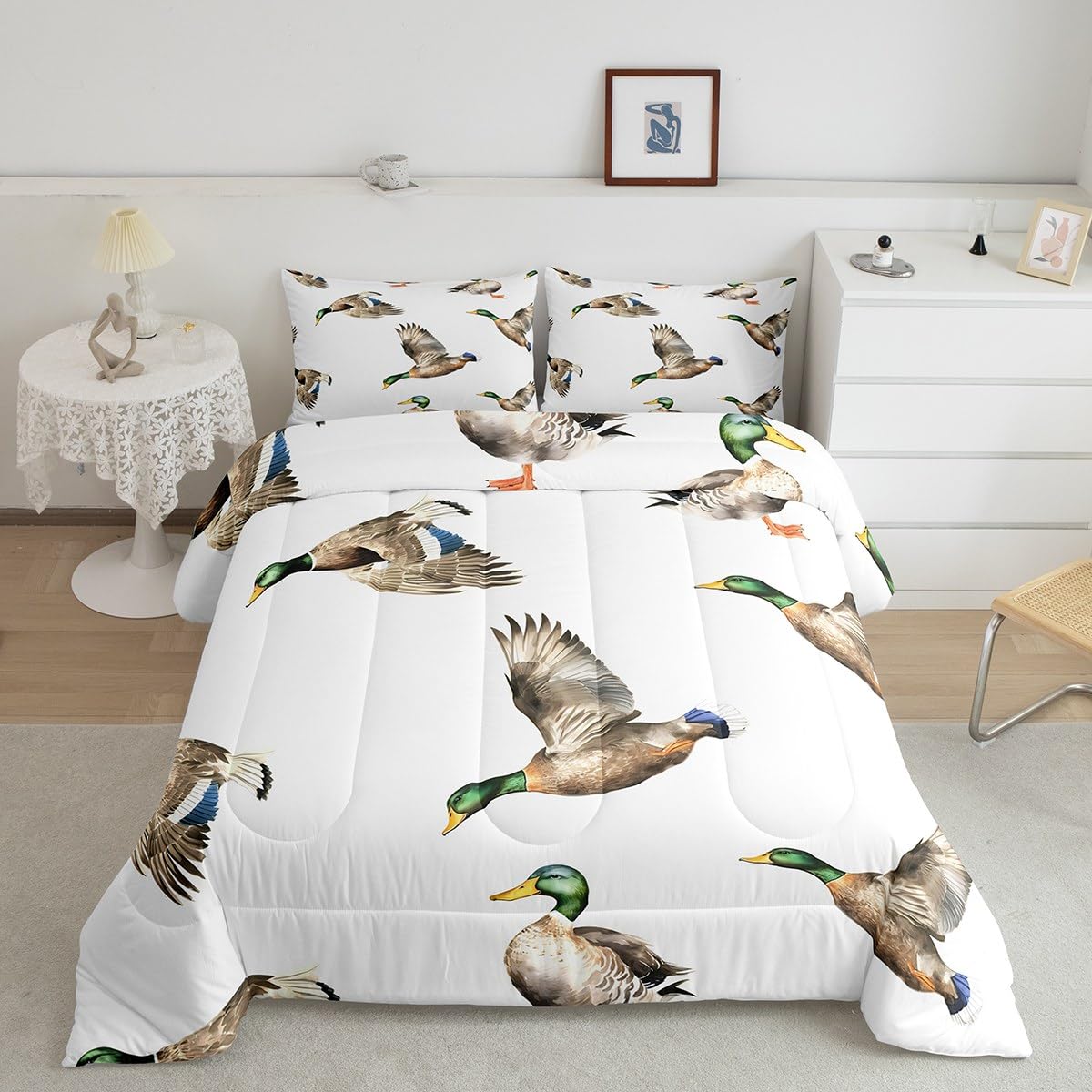 Feelyou Mallard Duck Bedding Set Hunting and Fishing Comforter Set Wild Animal Comforter for Boys Girls Kids Wildlife White Duve