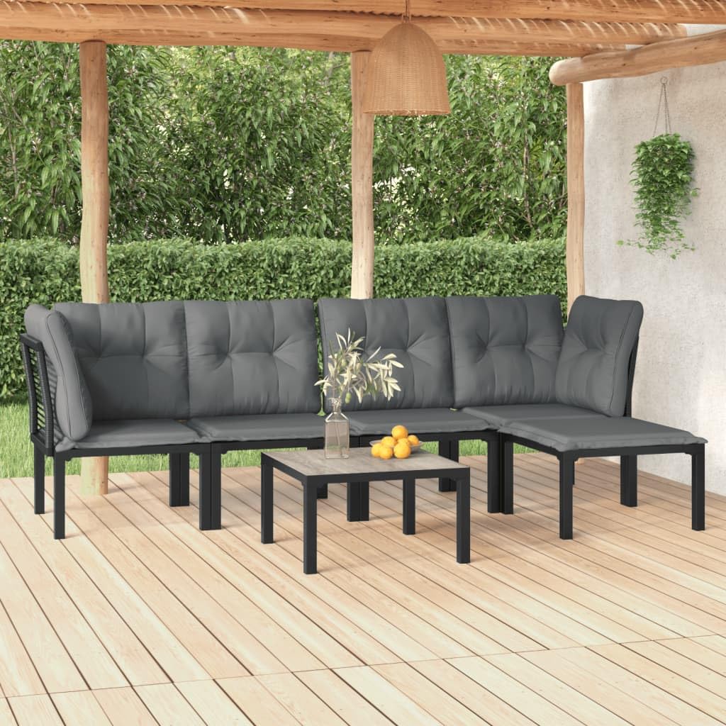 vidaXL Patio Lounge Set 6 Piece, Outdoor Patio Furniture with Coffee Table, Conversation Set with Footstool, Modern Style, Black and Gray Poly Rattan