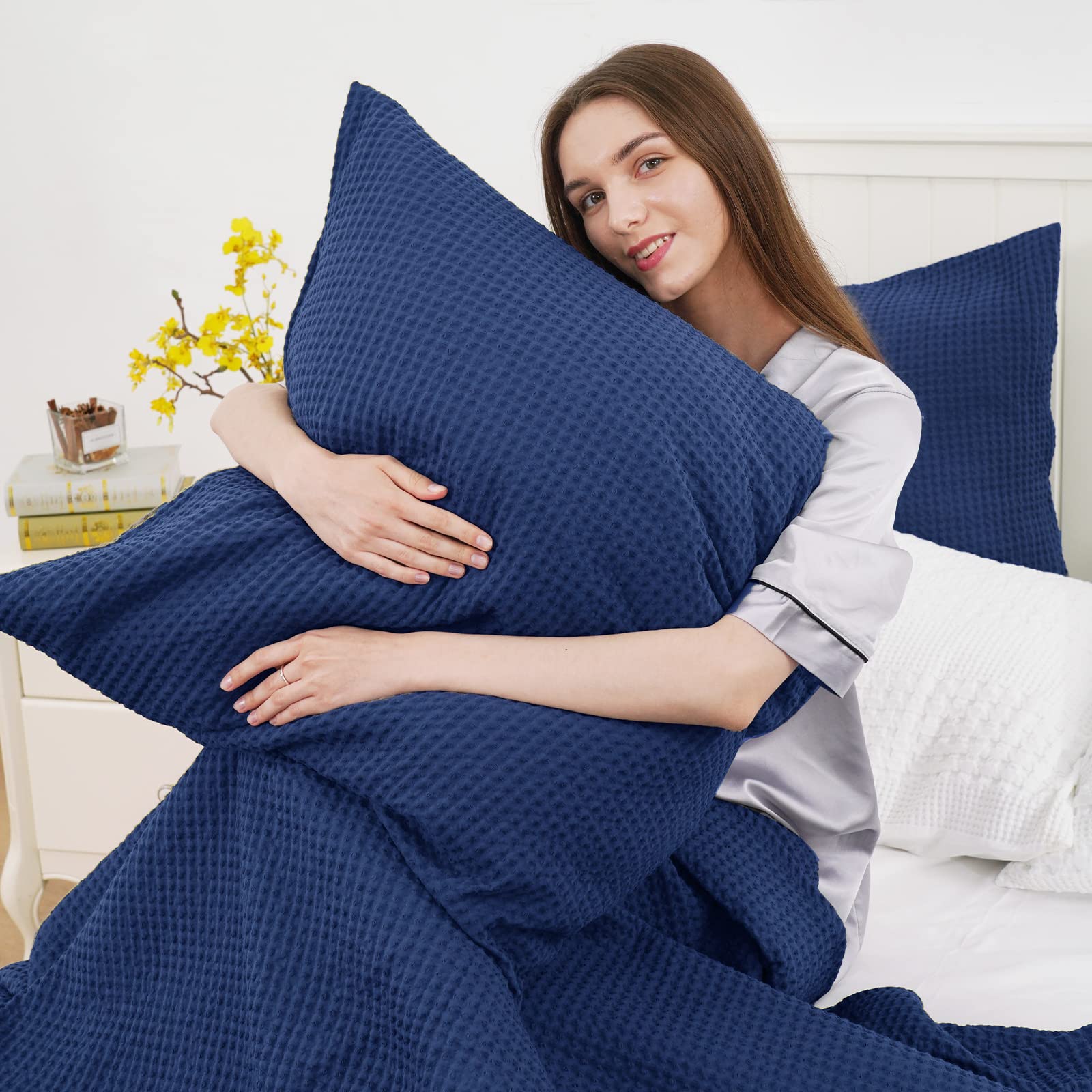 Phf 100% Cotton Waffle Weave Throw Pillow Cover, 22' X 22', No Insert, 2 Pack Square Pillowcases Shell, Elegant Home Decorative Throw Pillow Covers For Bed Couch Sofa, Navy Blue
