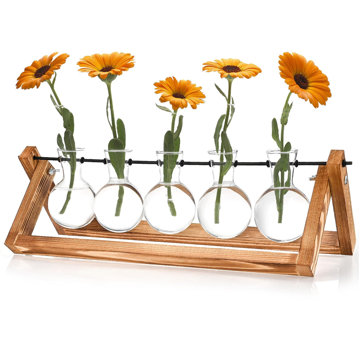 Retro Wood Stand Plant Terrarium With 5 Air Planter Bulb Glass Vases, Metal Swivel Holder - Perfect For Home, Office, Or Wedding