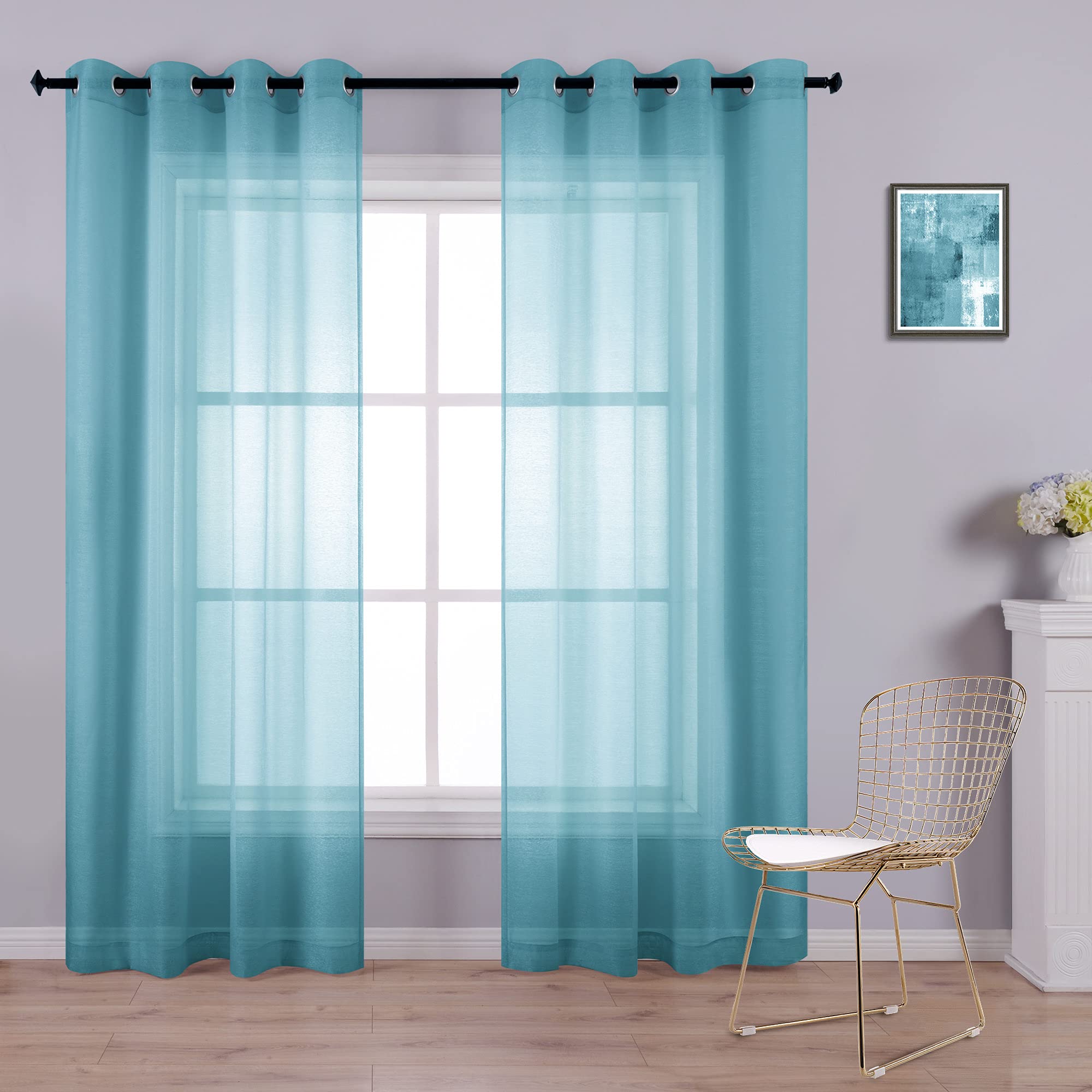 KOUFALL Teal Curtains 84 Inch Length for Living Room 2 Panels Set,Sheer Grommet Beach Curtains for Bedroom Girls,52x84 Inches Lo