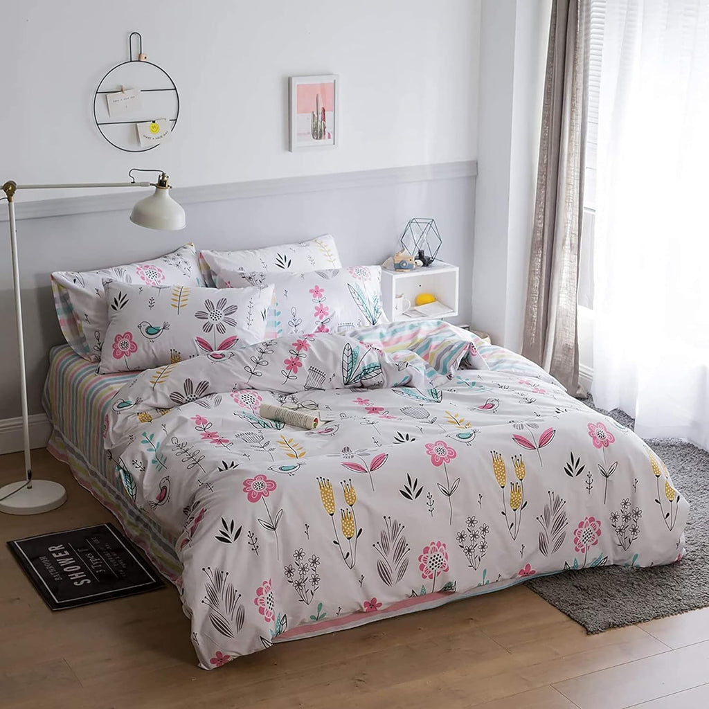 Boho Floral Duvet Cover Full Size Girls Floral Print Bedding Sets Garden Style Aesthetic Duvet Cover Cotton Floral Comforter Cov
