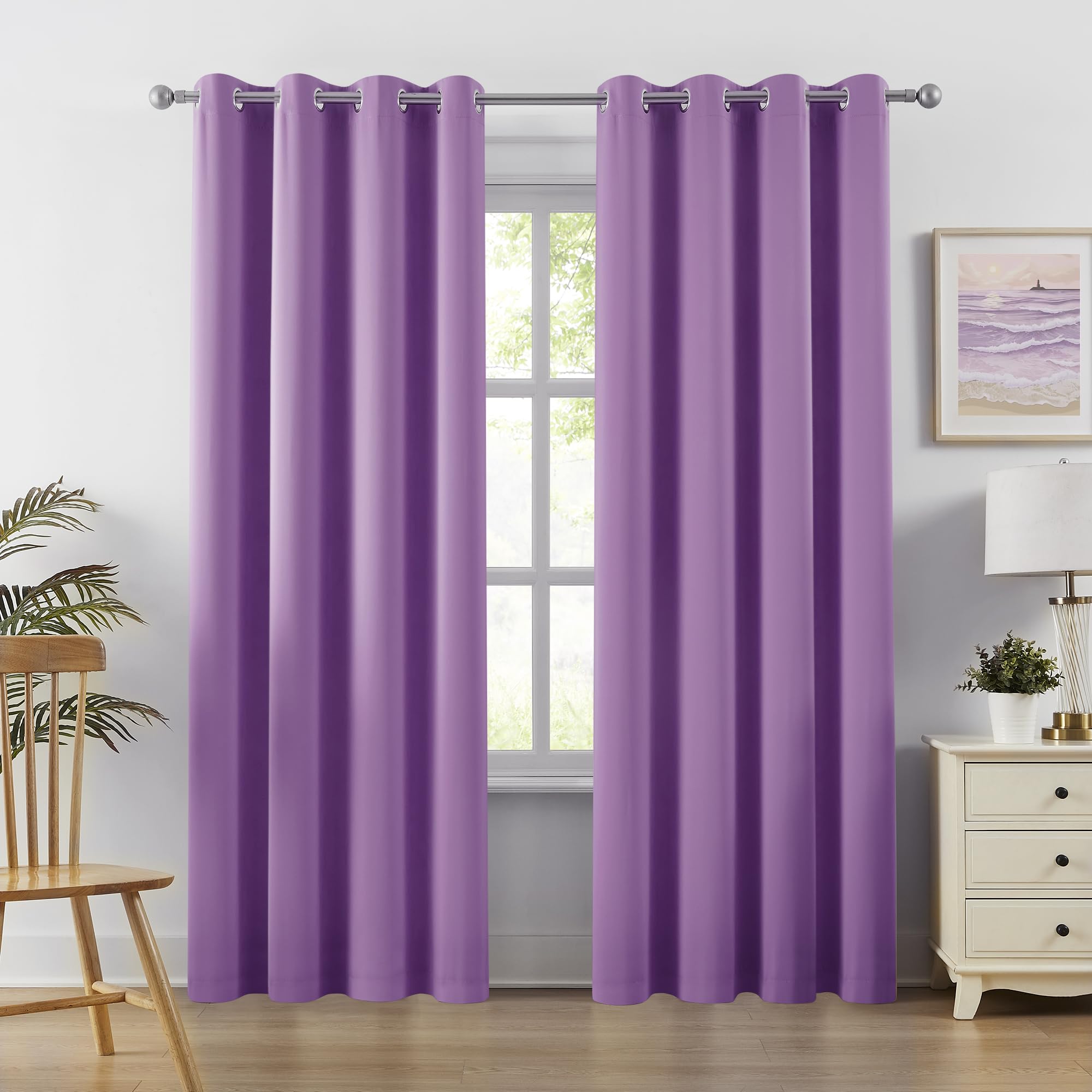 Dualife 96 Inch Length Purple Blackout Curtain Panels/Drapes For Living Room Solid Energy Efficient Room Darkening Bedroom Curta
