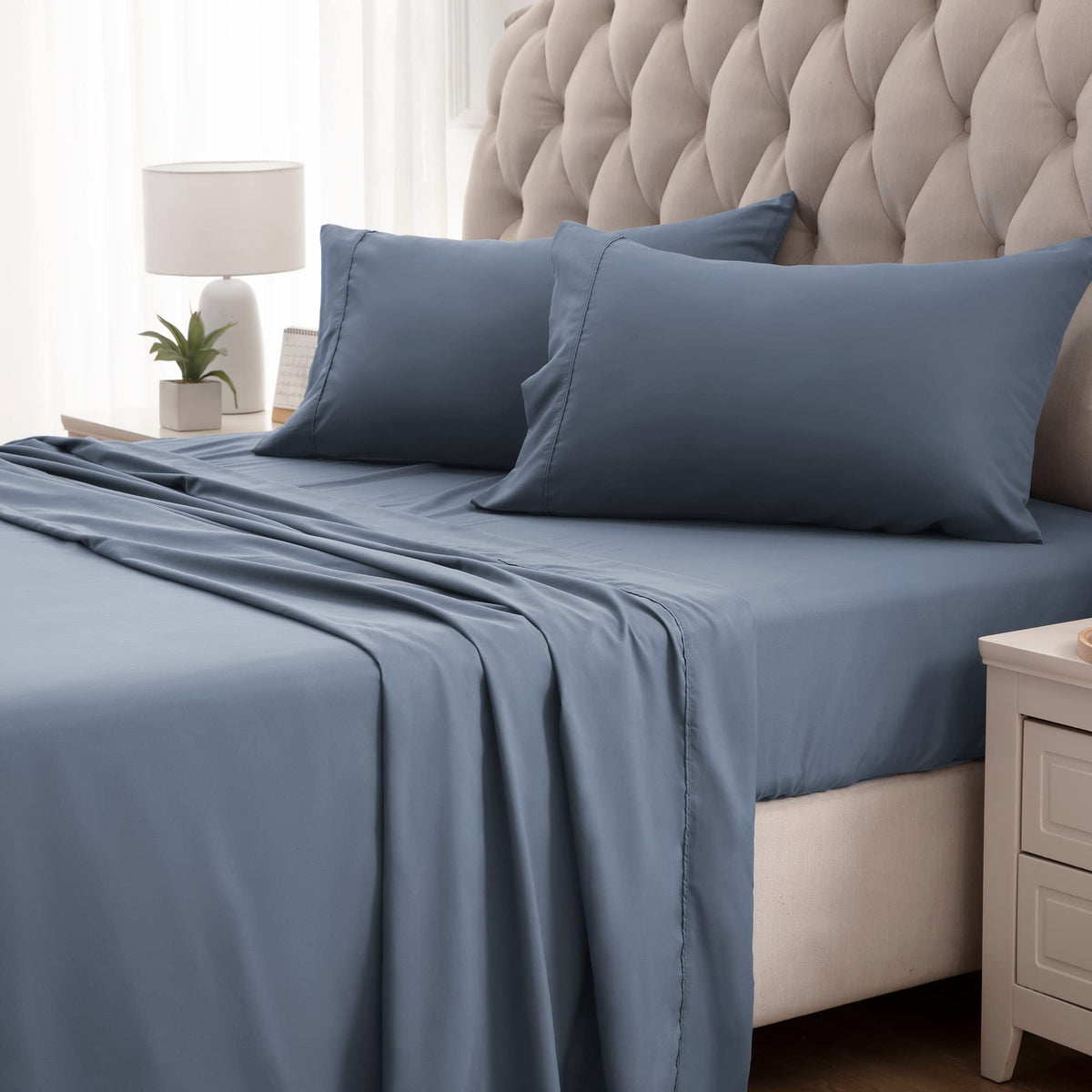 Sleep Zone Nanotex Super Soft Cooling Queen Bed Sheets Set 4 Piece - Easy Care Fitted Flat Sheet & Pillowcase Sets - Wrinkle Fre