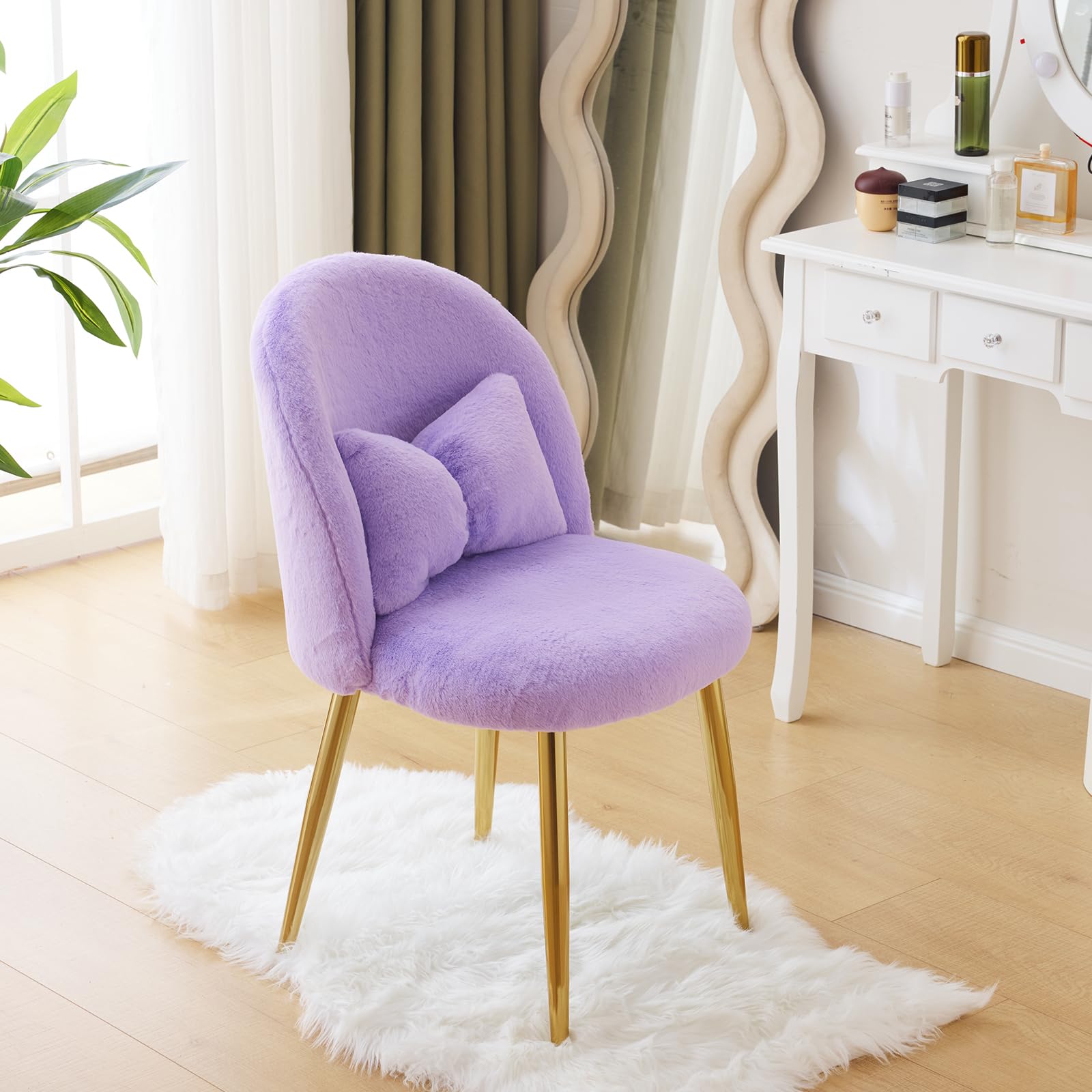 Vingli Fluffy Girls Vanity Chair With Back & Pillow,Cute Small Cozy Desk Chair No Wheels,Comfy Makeup Ch With Ajustable Gold Leg