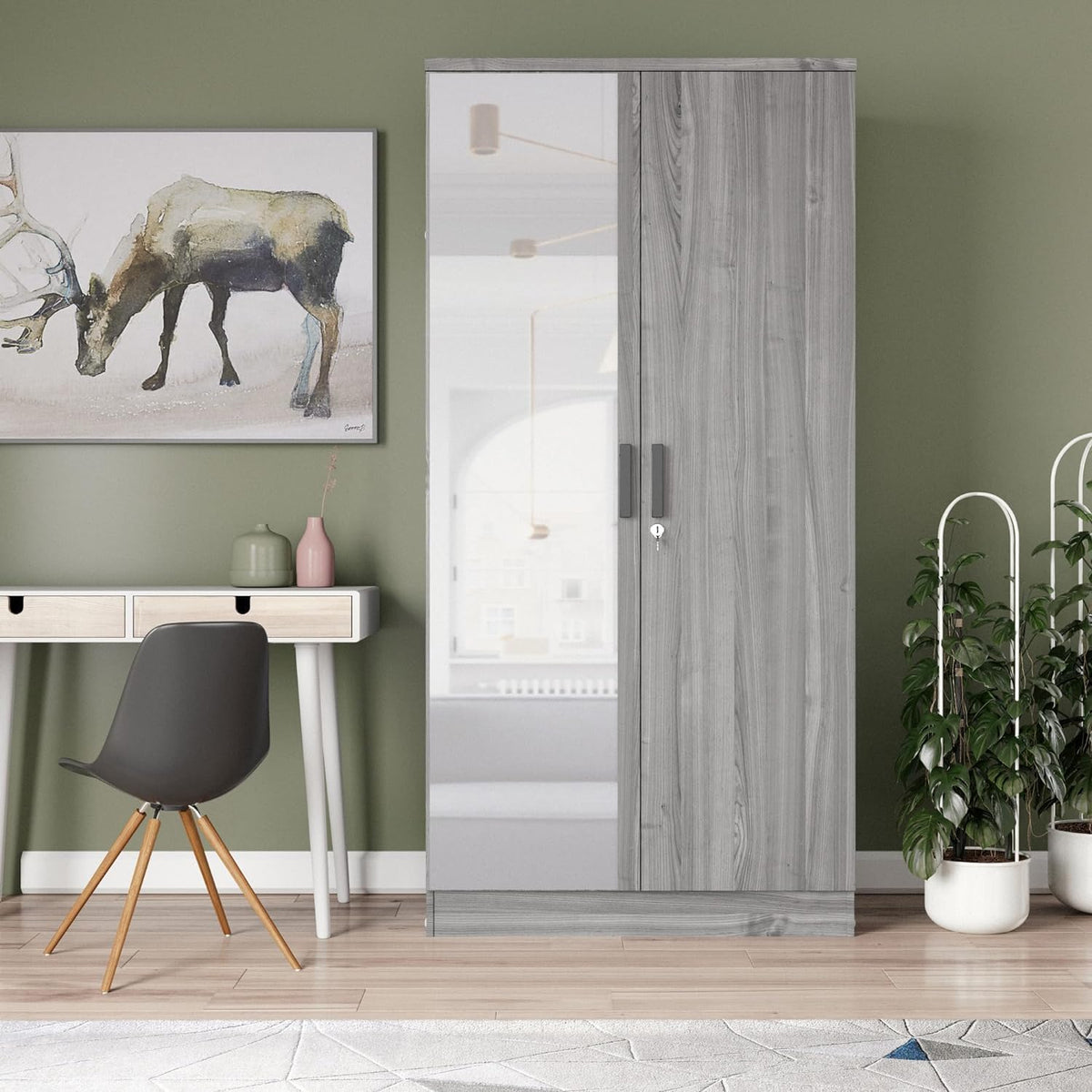 Woodpeckers Furniture And Mattress 2 Doors Wardrobe Mirrored Door (Grey)