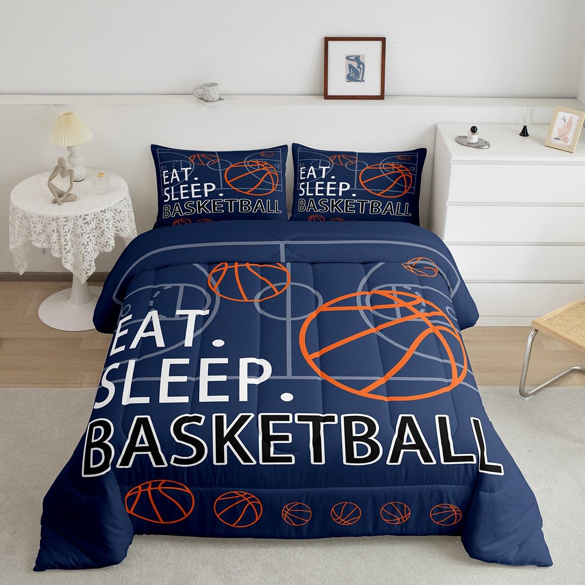Feelyou Basketball Bedding Set for Girls Boys Kids Full Size Navy Blue Comforter Basketball Pattern Comforter Set Sport Game Bal