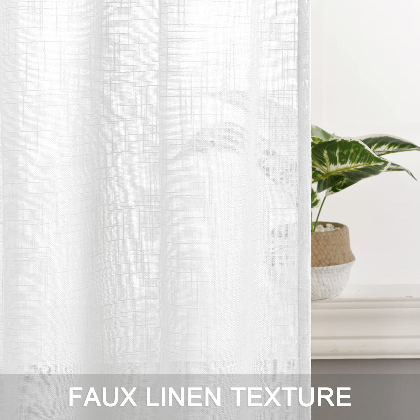 Dwcn White Faux Linen Sheer Curtains - Rod Pocket Textured Semi Voile Bedroom Living Room Window Curtains, Set Of 2 Rod Pocket C