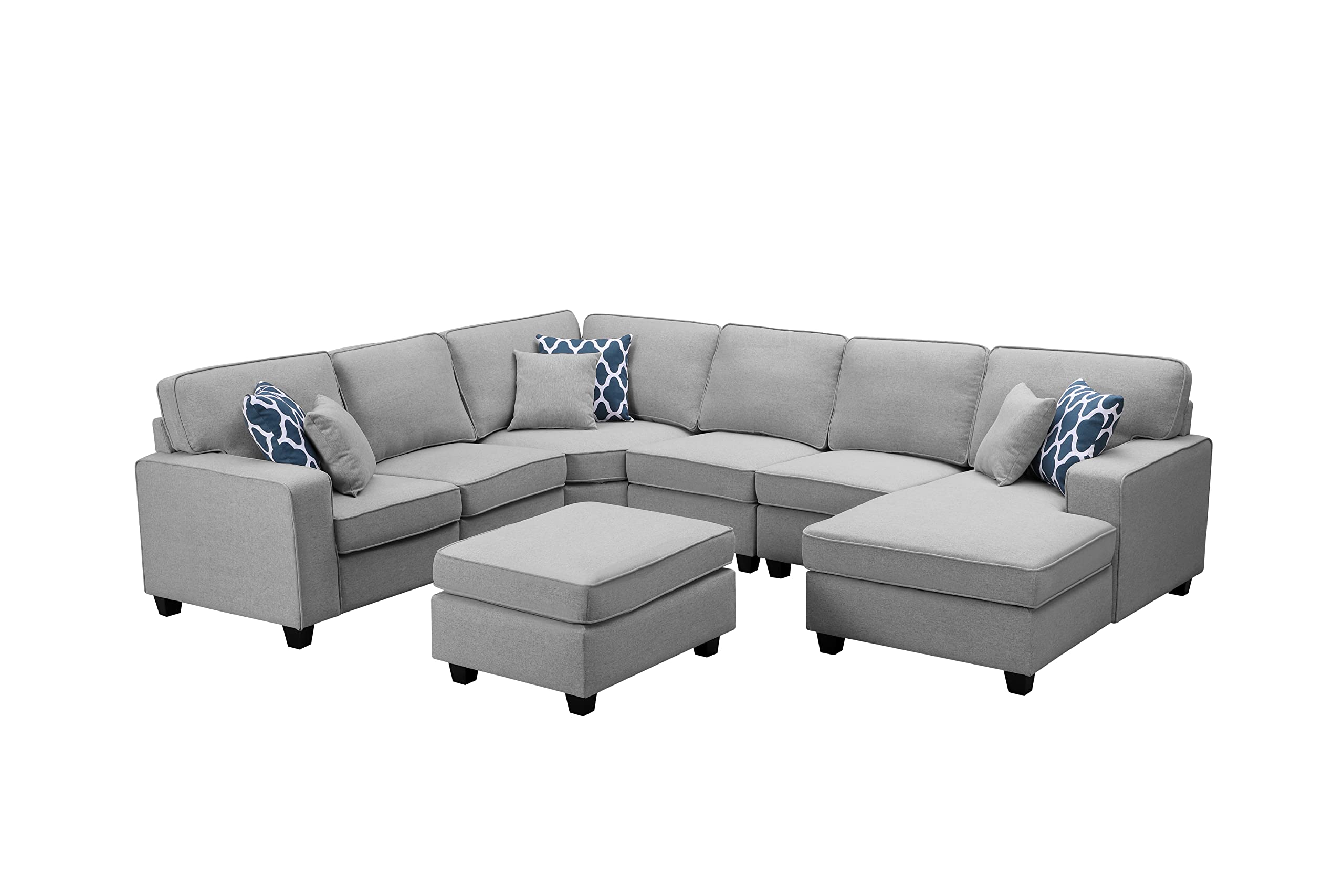 Lilola Home Willowleaf Light Gray Linen 7Pc Modular L-Shape Sectional Sofa Chaise and Ottoman