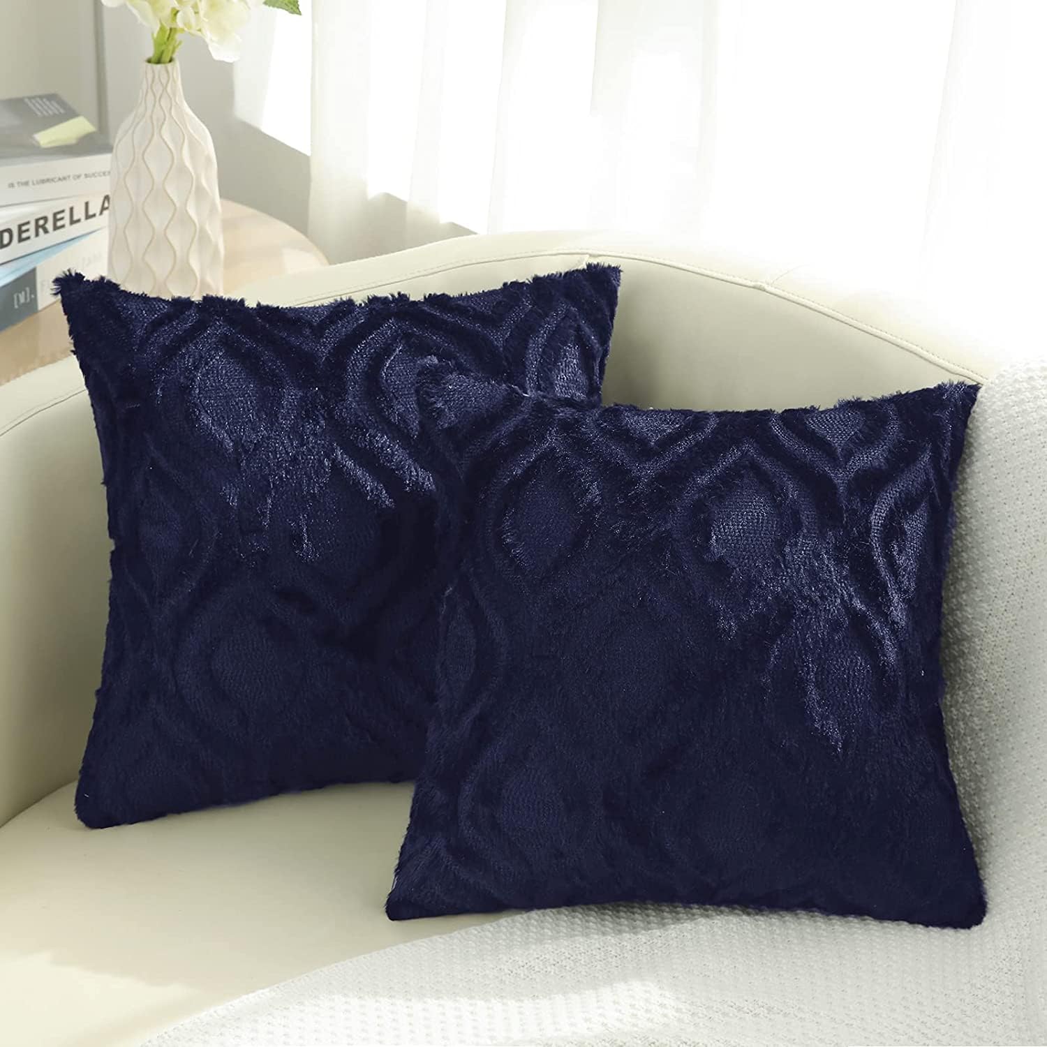 Decoruhome Decorative Throw Pillow Covers 16X16, Soft Plush Faux Wool Couch Pillow Covers For Home,Set Of 2,Navy Blue