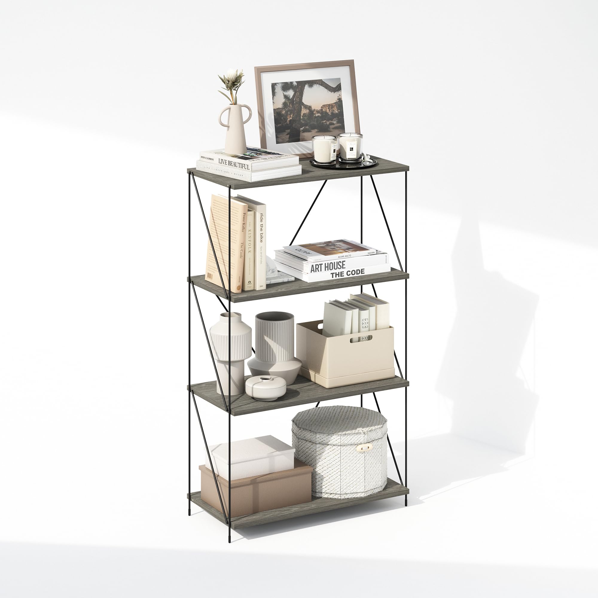 Furinno Wire 4-Tier Industrial Style Metal Frame Bookcase, Display Shelf, 24 Wide, Finn Oak