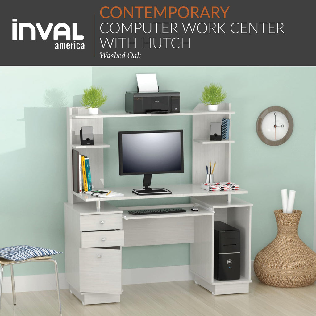 Inval America, 53.5' H x 48.62' W x 19.5' D, Washed Oak Work Center with Hutch, Pull-Out Keyboard Tray, Drawers, Desk Workstation