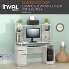 Inval America, 53.5' H x 48.62' W x 19.5' D, Washed Oak Work Center with Hutch, Pull-Out Keyboard Tray, Drawers, Desk Workstation