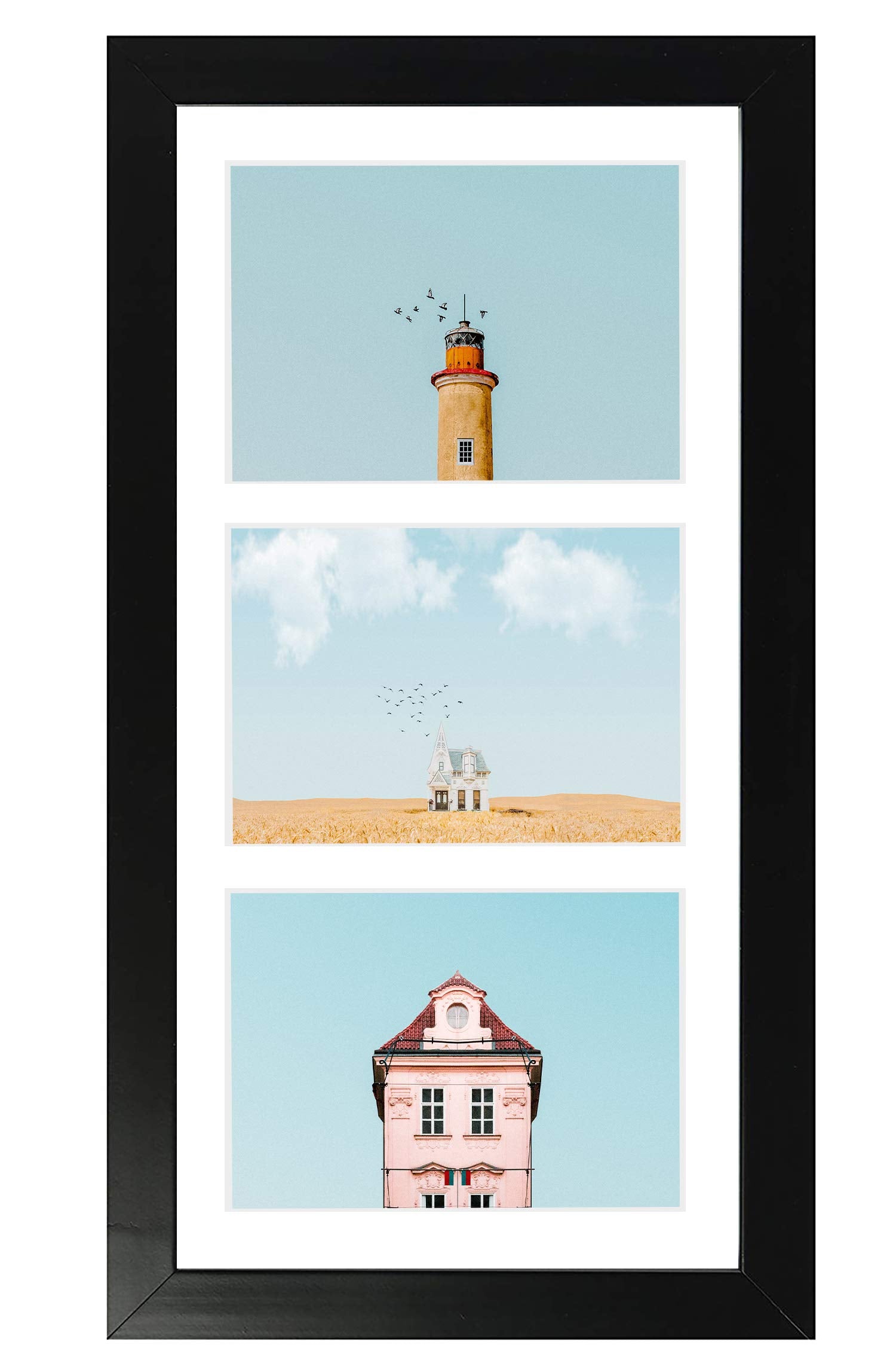Golden State Art, 7x14 Black Photo Wood Collage Frame with Mat displays (3) 4x6 Pictures