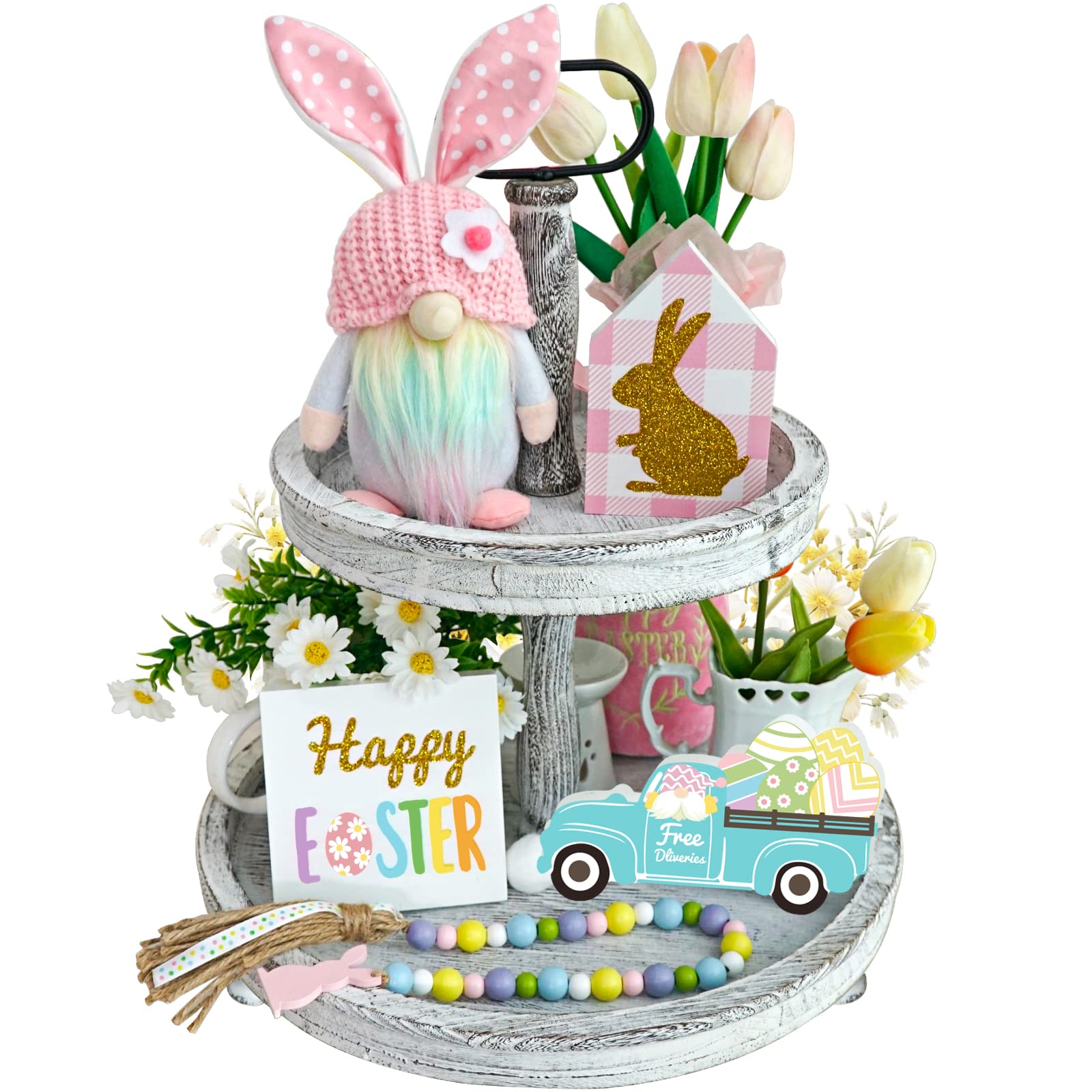 Easter Decorations, 5Pcs Easter Gnome Tiered Tray Decor, 3 Glitter Easter Wood Signs, Truck Full of Eggs, Easter Bunny Gnome Plu