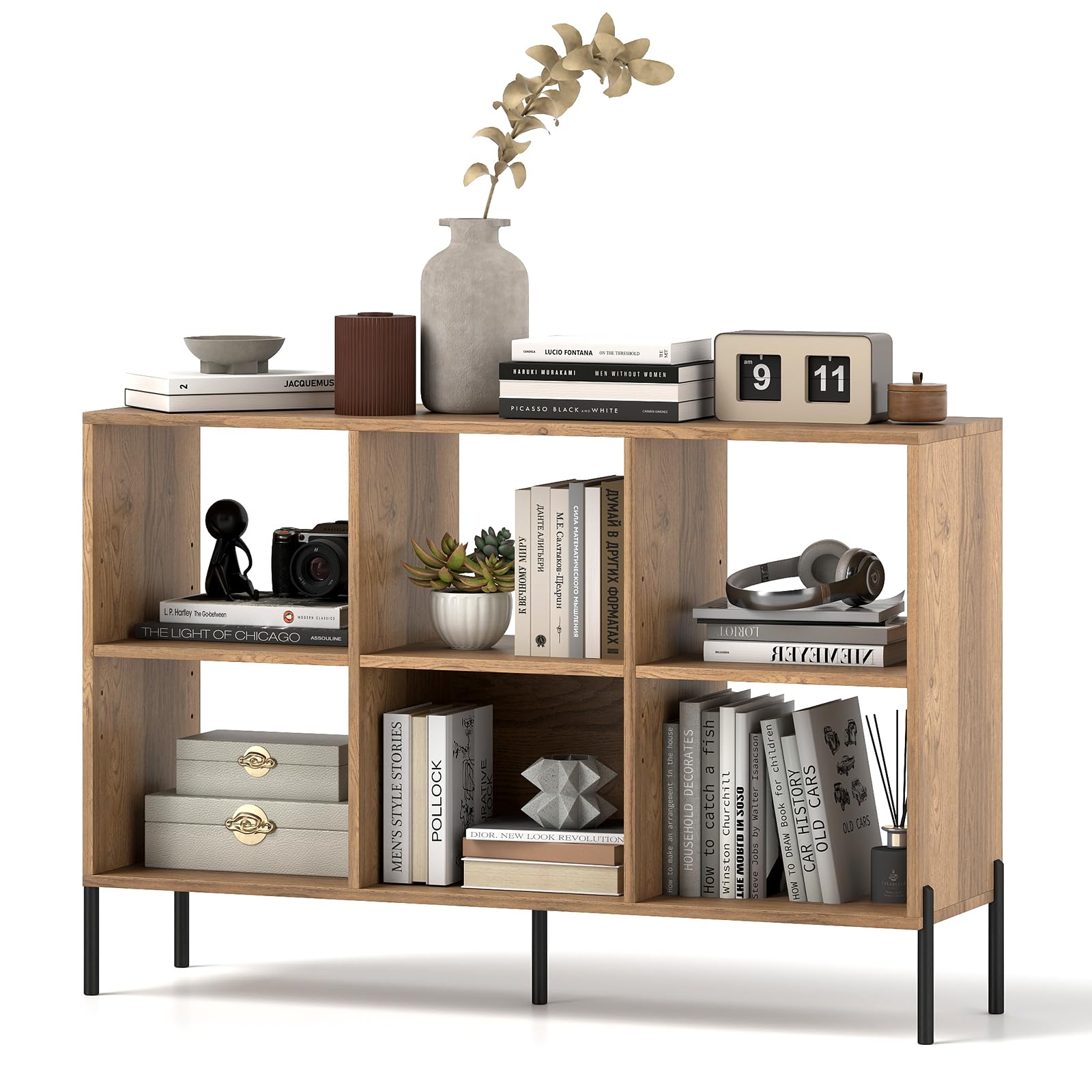 Silkydry 6 Cube Bookcase, 47' Long Bookshelf With 5 Metal Legs, Adjustable Shelves, Wood Cubical Storage Shelf, 31.5' Tall Freestanding Open Shelf Bookcase For Home Office Kids Room (Natural)